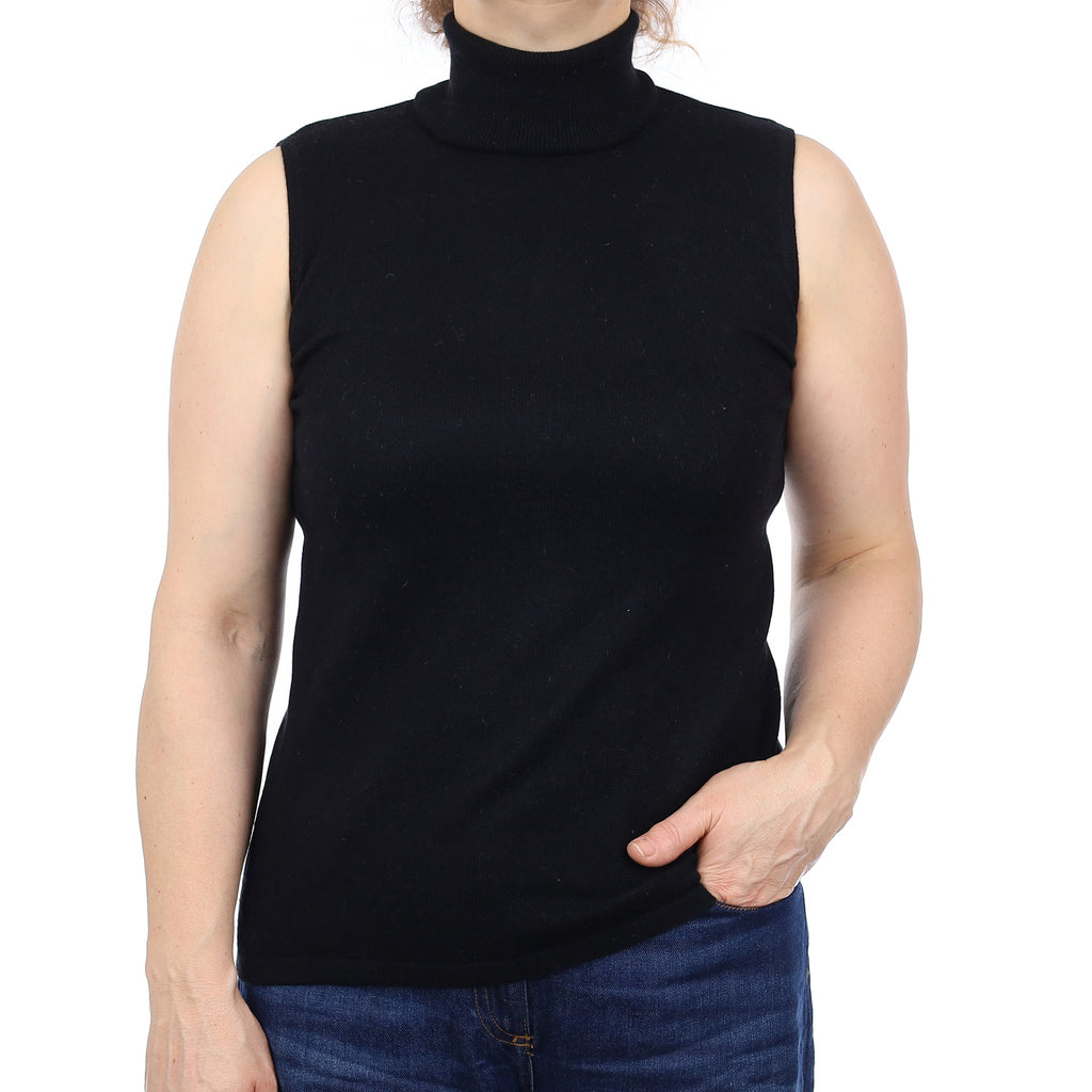 Black Cashmere Sleeveless Polo Neck Jumper Medium