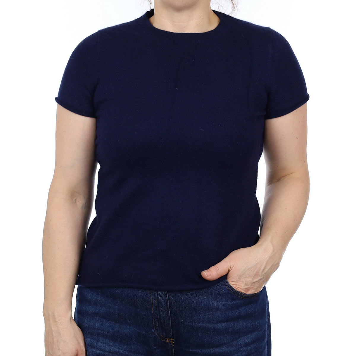 Navy Cashmere Short Sleeve Crew Neck Jumper Medium
