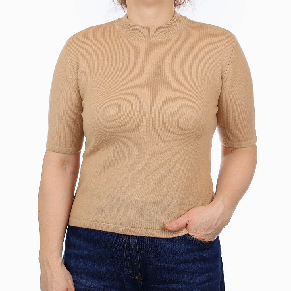 Caramel Brown Cashmere Short Sleeve Turtle Neck Jumper Medium