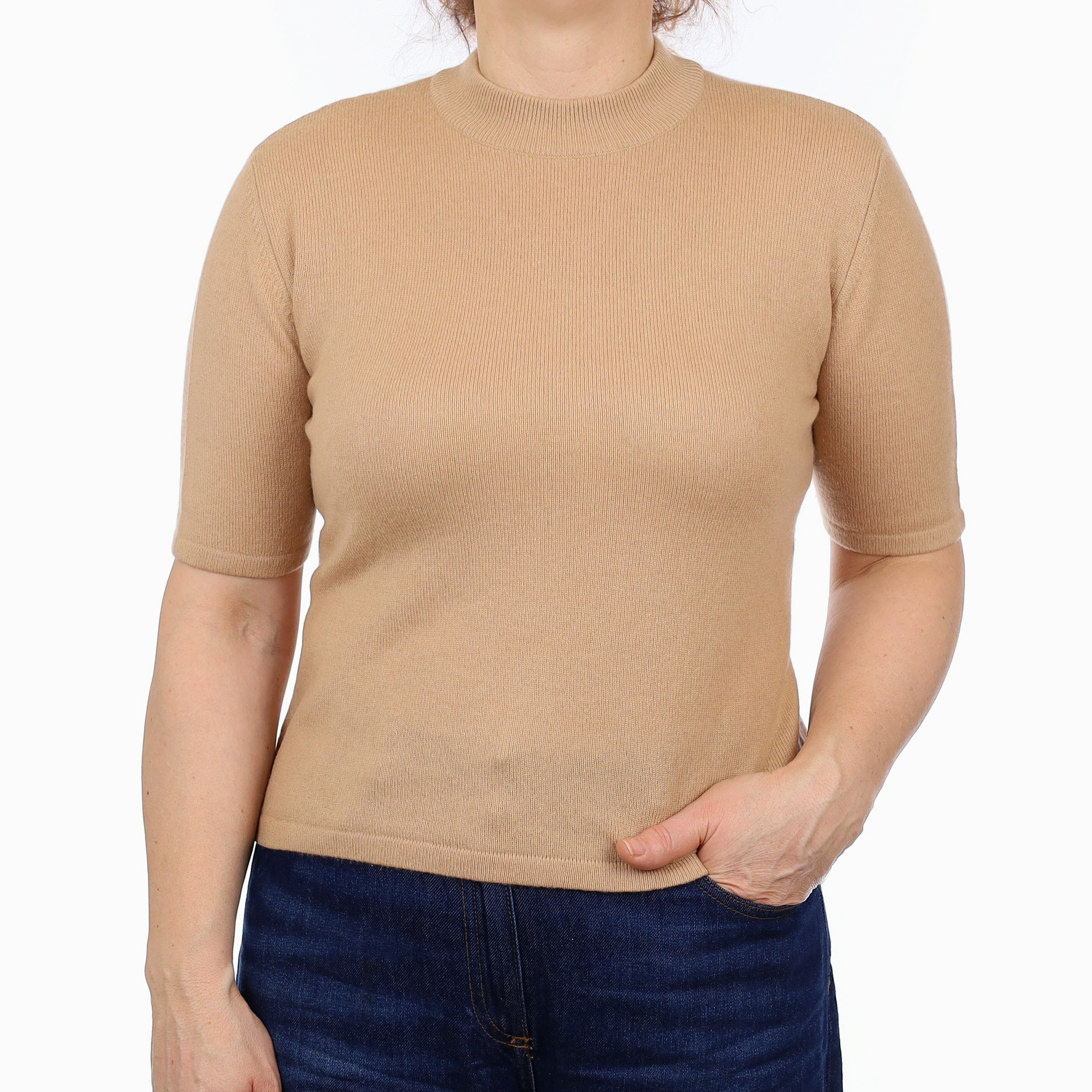 Caramel Brown Cashmere Short Sleeve Turtle Neck Jumper Medium