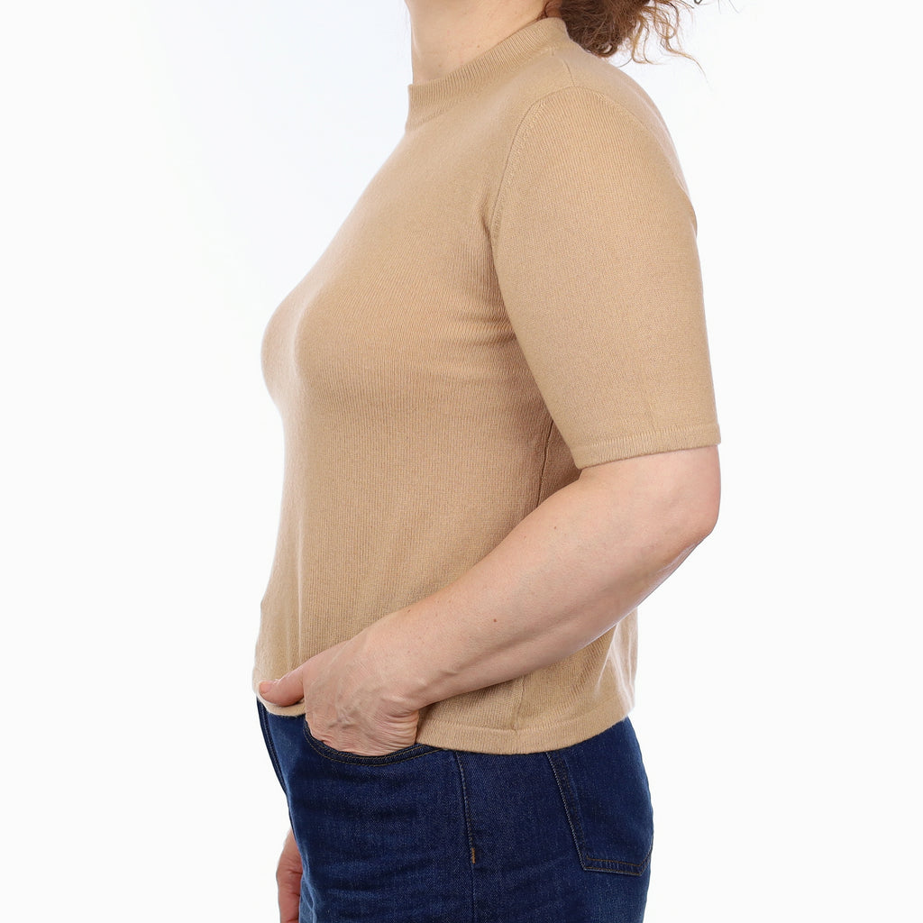 Caramel Brown Cashmere Short Sleeve Turtle Neck Jumper Medium