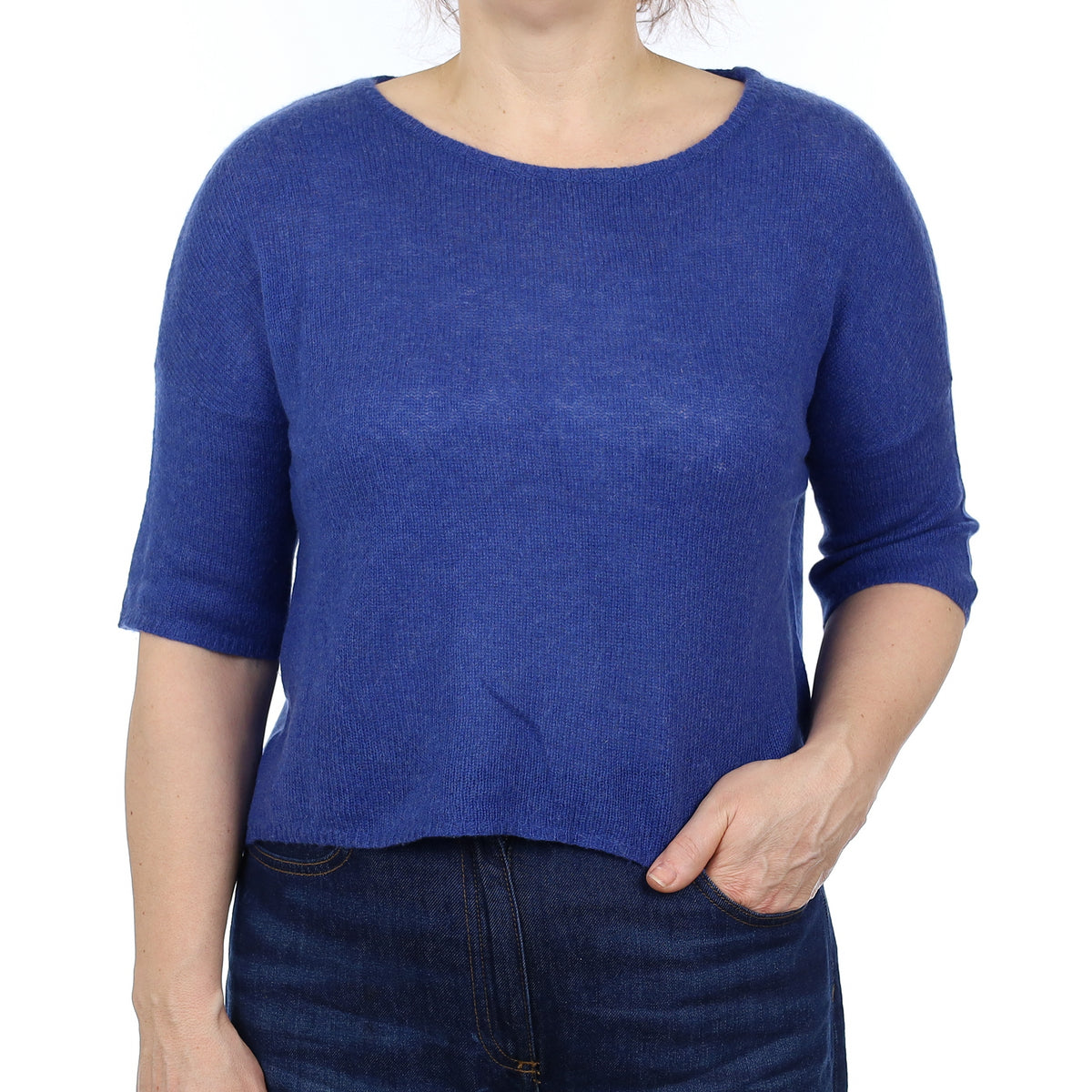Denim Blue Lightweight Gauzy Cashmere Short Sleeve Jumper Medium