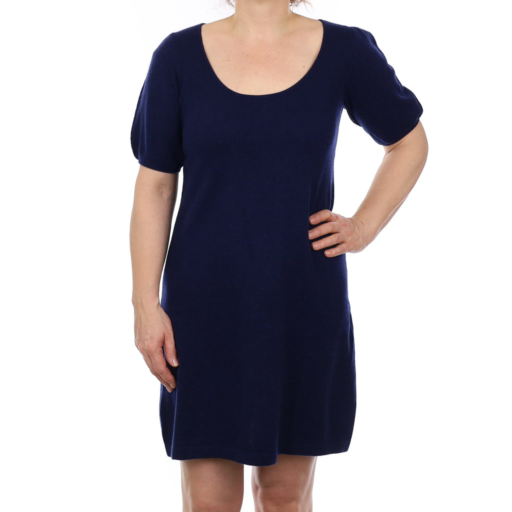 French Navy Cashmere Short Sleeve Scoop Neck Dress Medium