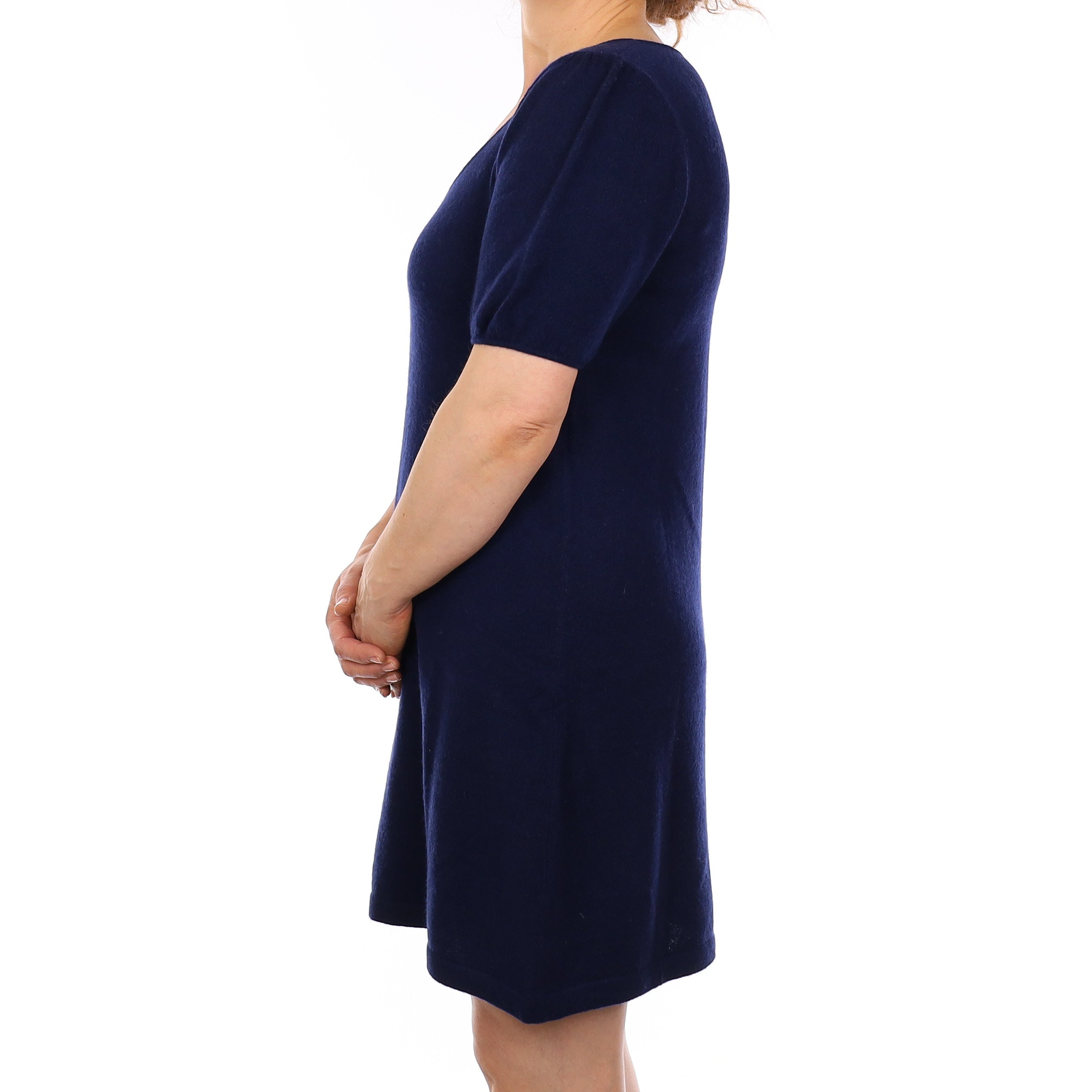 French Navy Cashmere Short Sleeve Scoop Neck Dress Medium