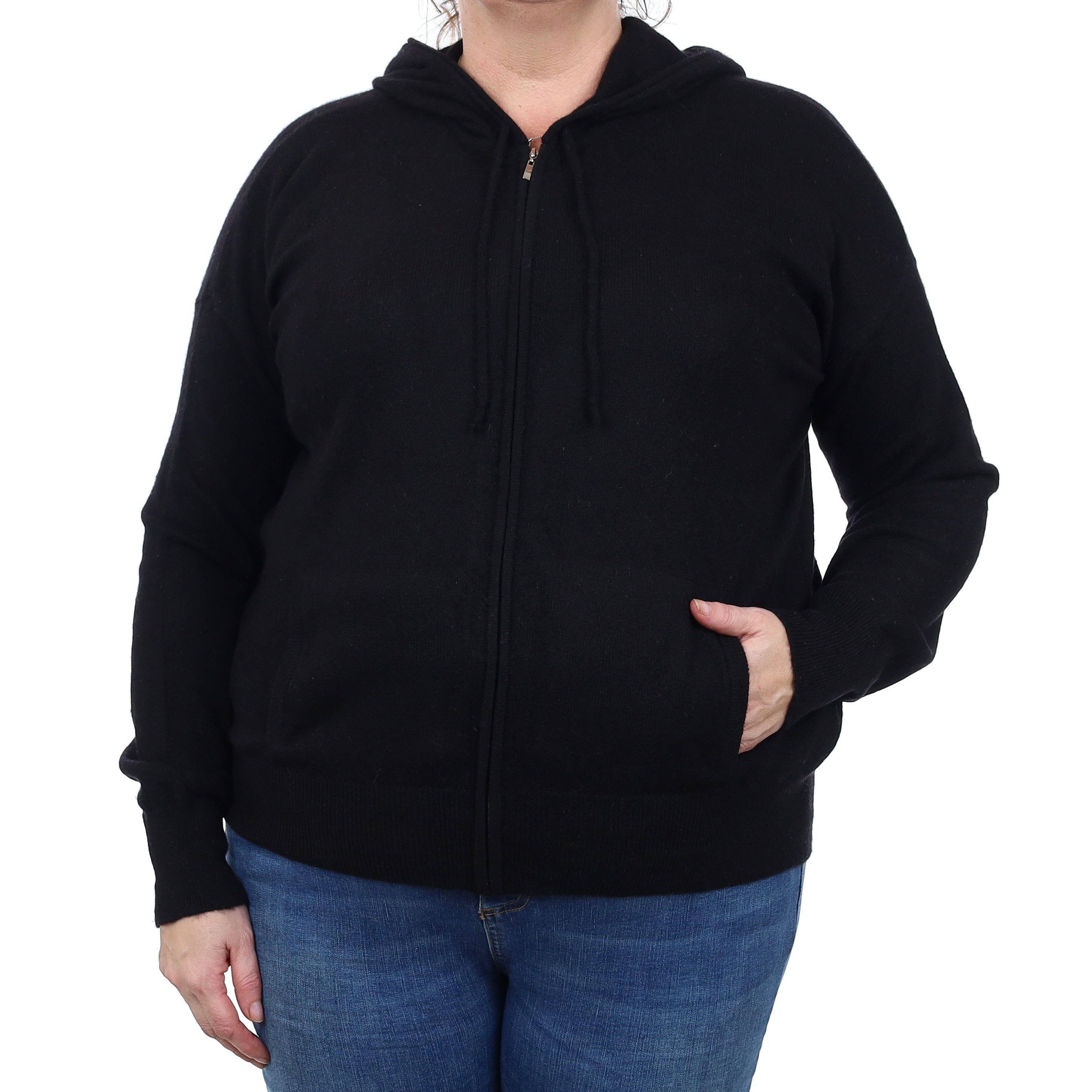 Black Cashmere Zip Up Hoodie with Pockets Extra Large