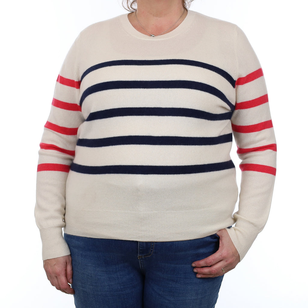 Ivory Navy and Pink Stripe Cashmere Crew Neck Jumper Extra Large