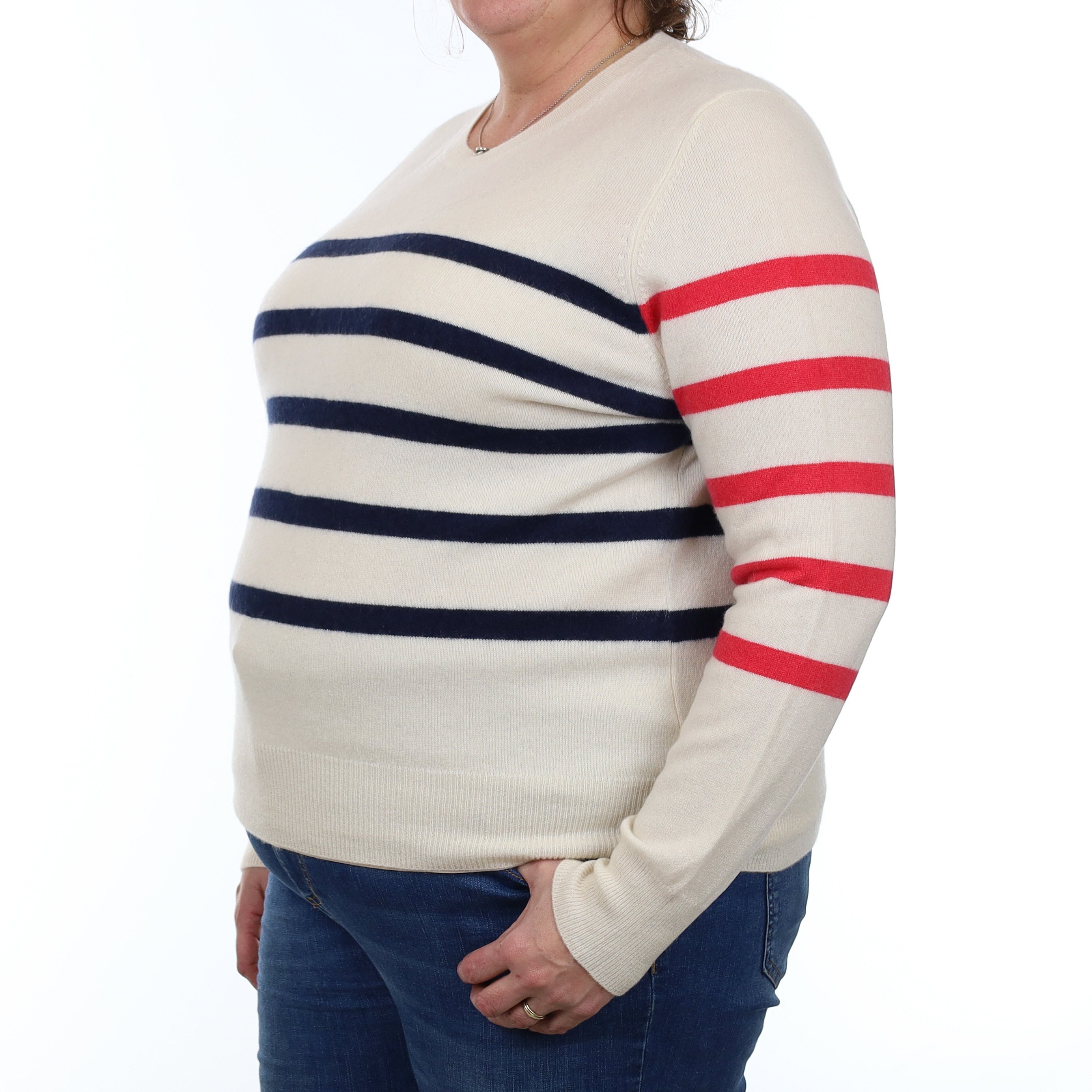 Ivory Navy and Pink Stripe Cashmere Crew Neck Jumper Extra Large