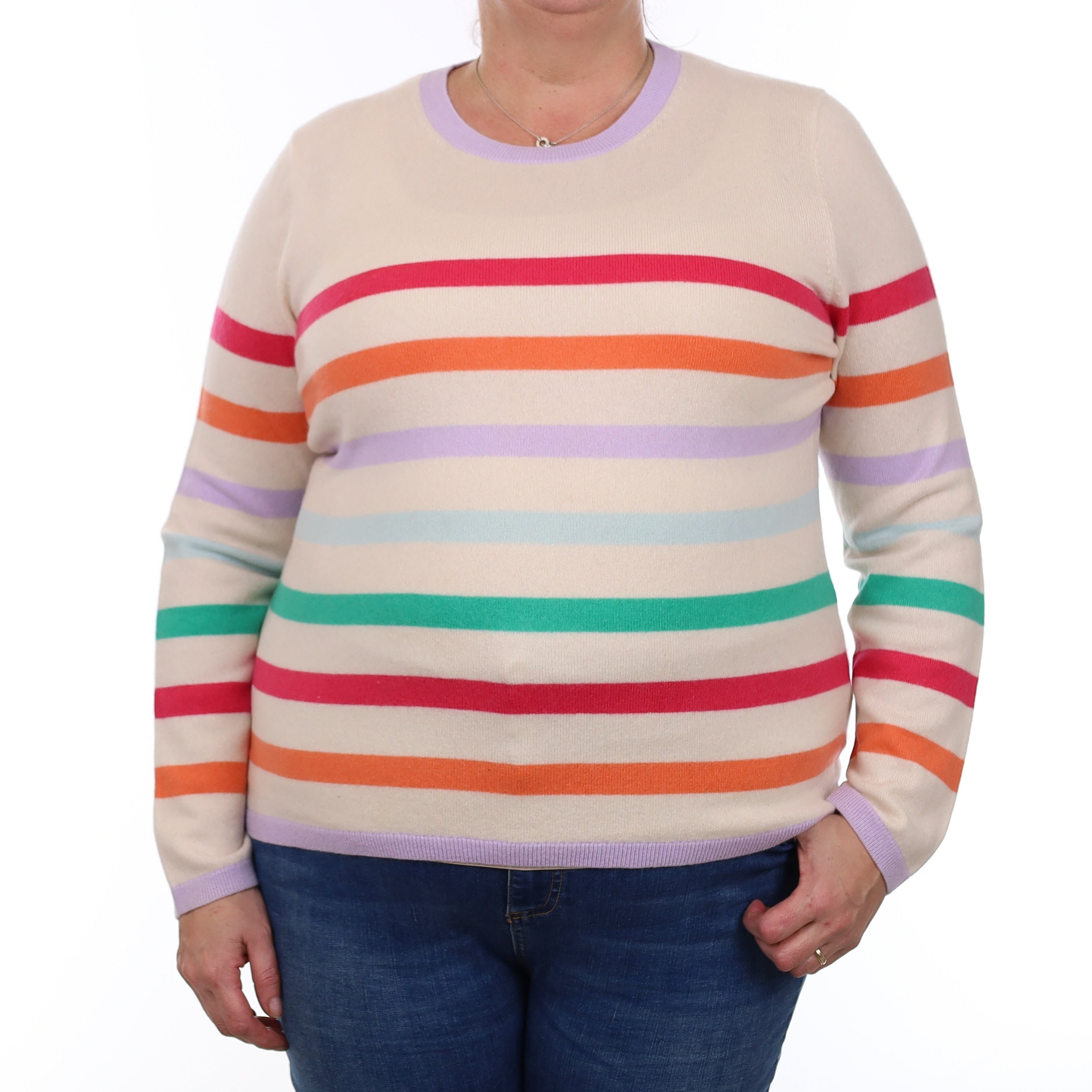 Ivory Colourful Striped Cashmere Crew Neck Jumper Extra Large