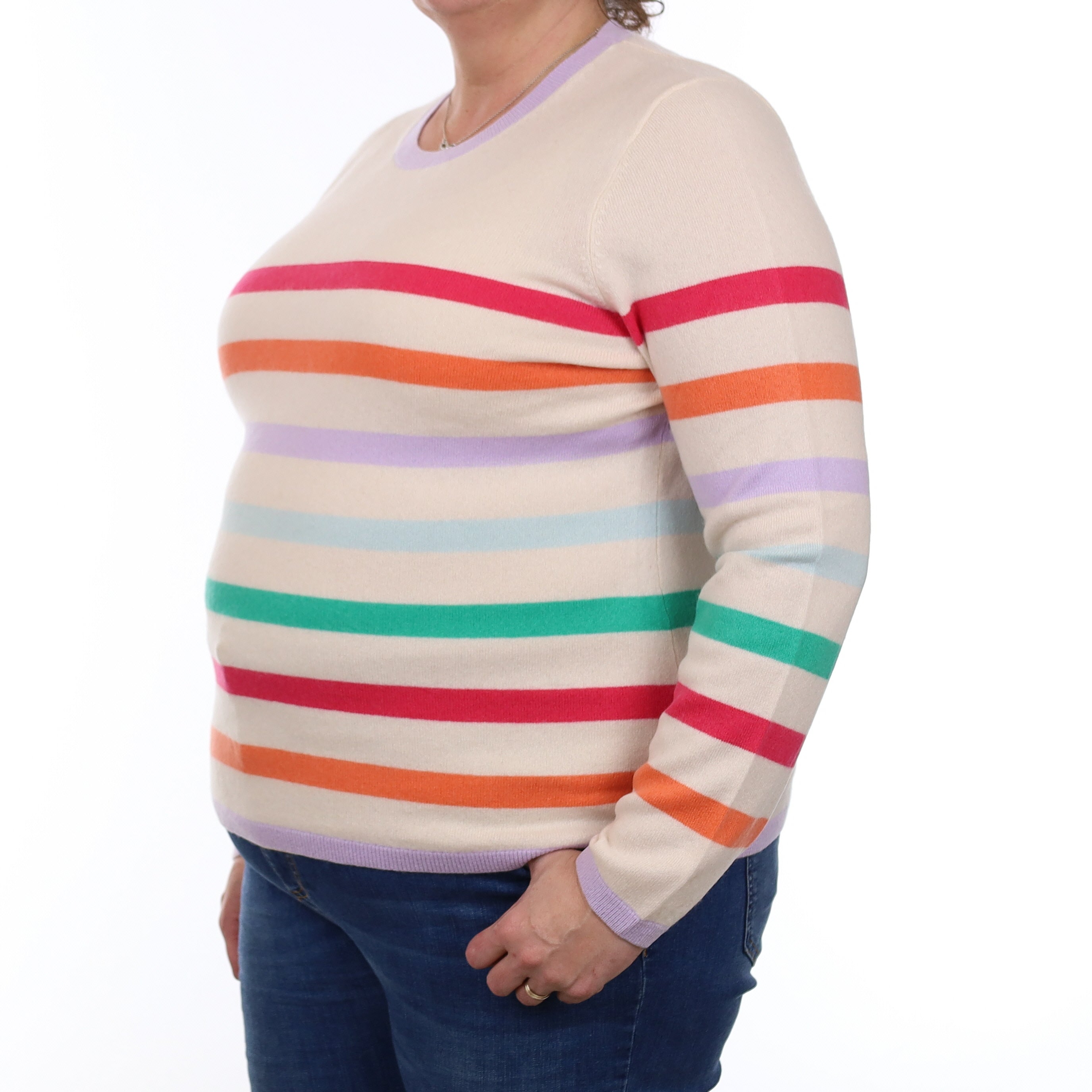 Ivory Colourful Striped Cashmere Crew Neck Jumper Extra Large