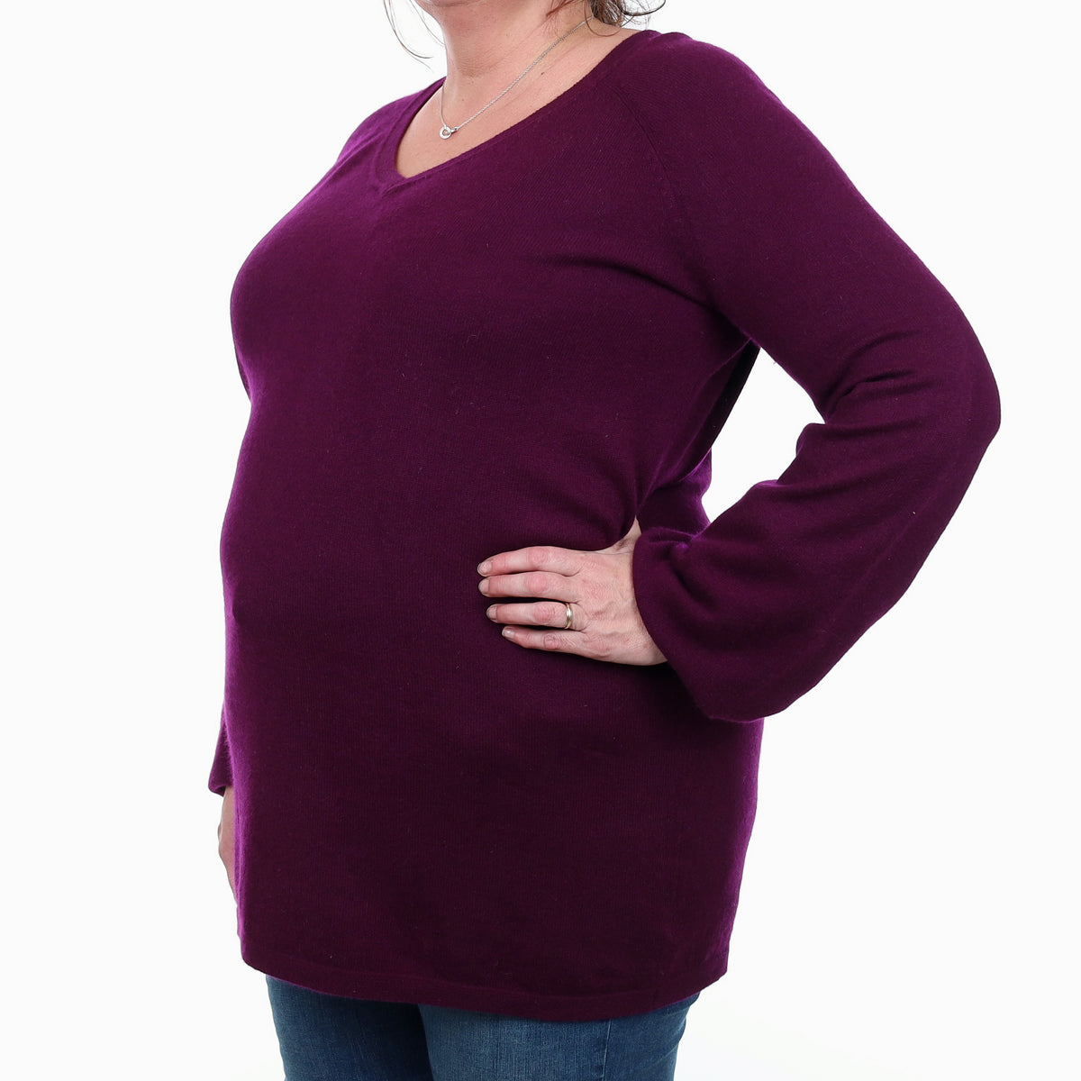 Fig Purple Cashmere Flared Sleeve V Neck Jumper XL