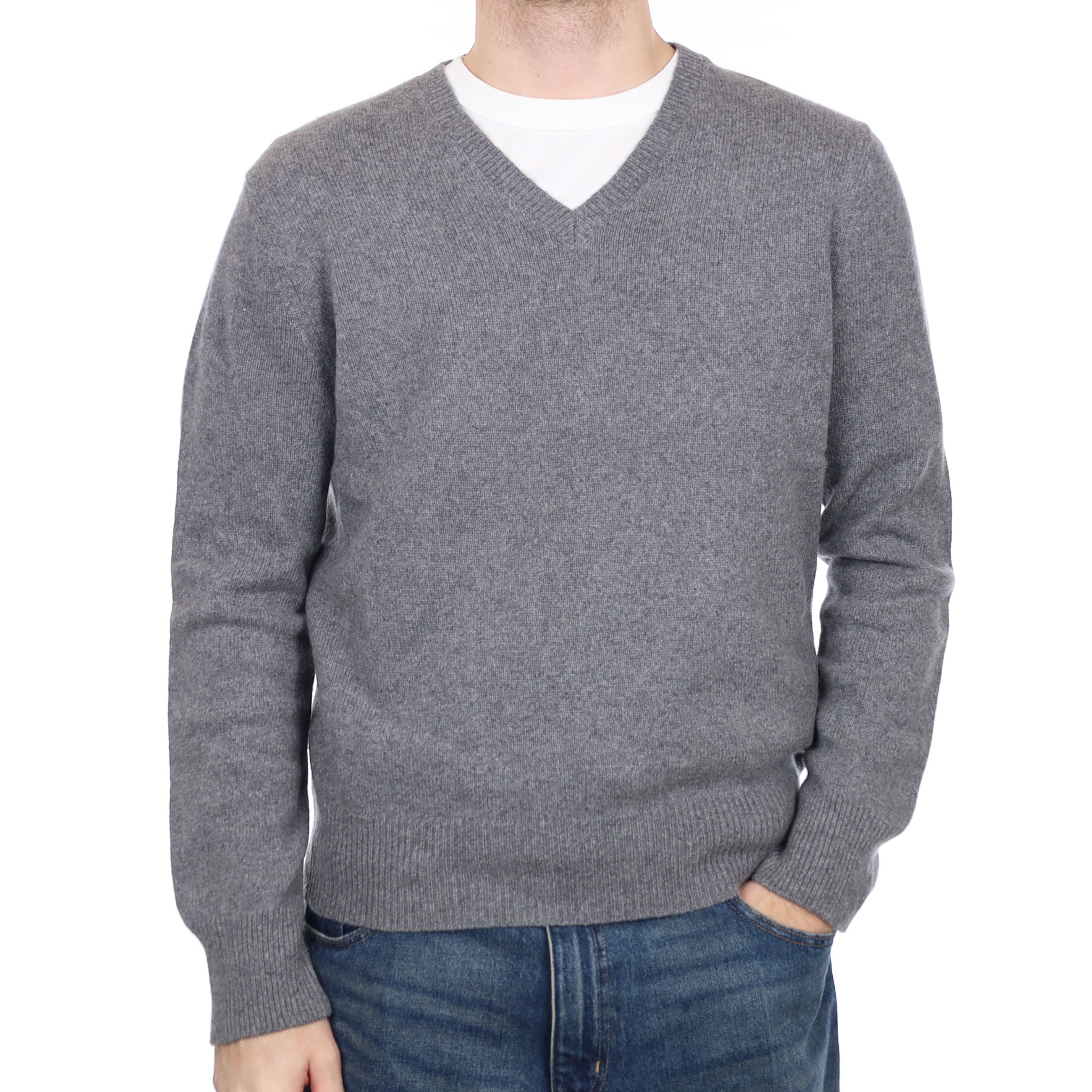 Men's Ash Grey Chunky Knit Cashmere V Neck Jumper Large