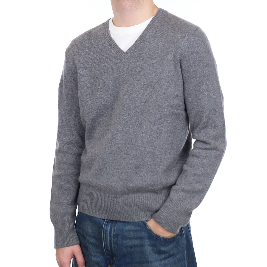 Men's Ash Grey Chunky Knit Cashmere V Neck Jumper Large