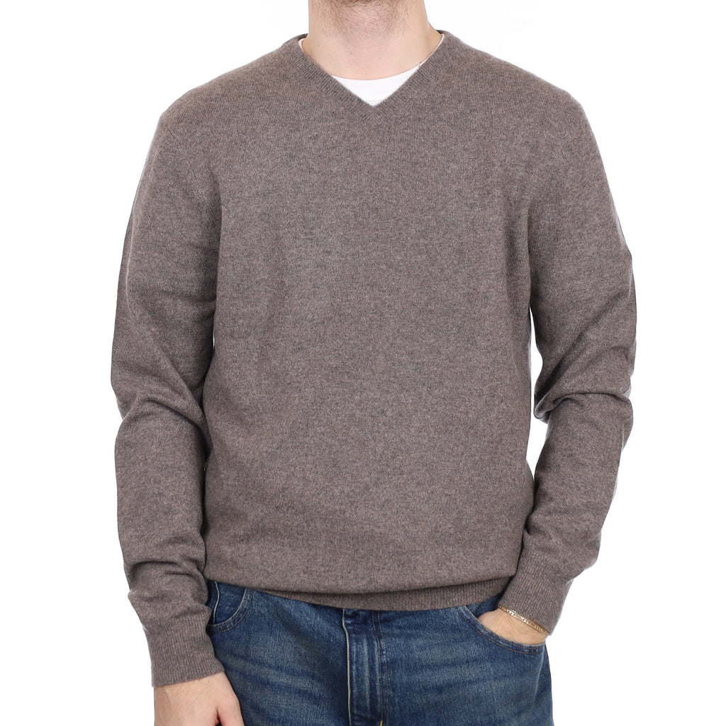 Men's Mink Brown Cashmere V Neck Jumper Large