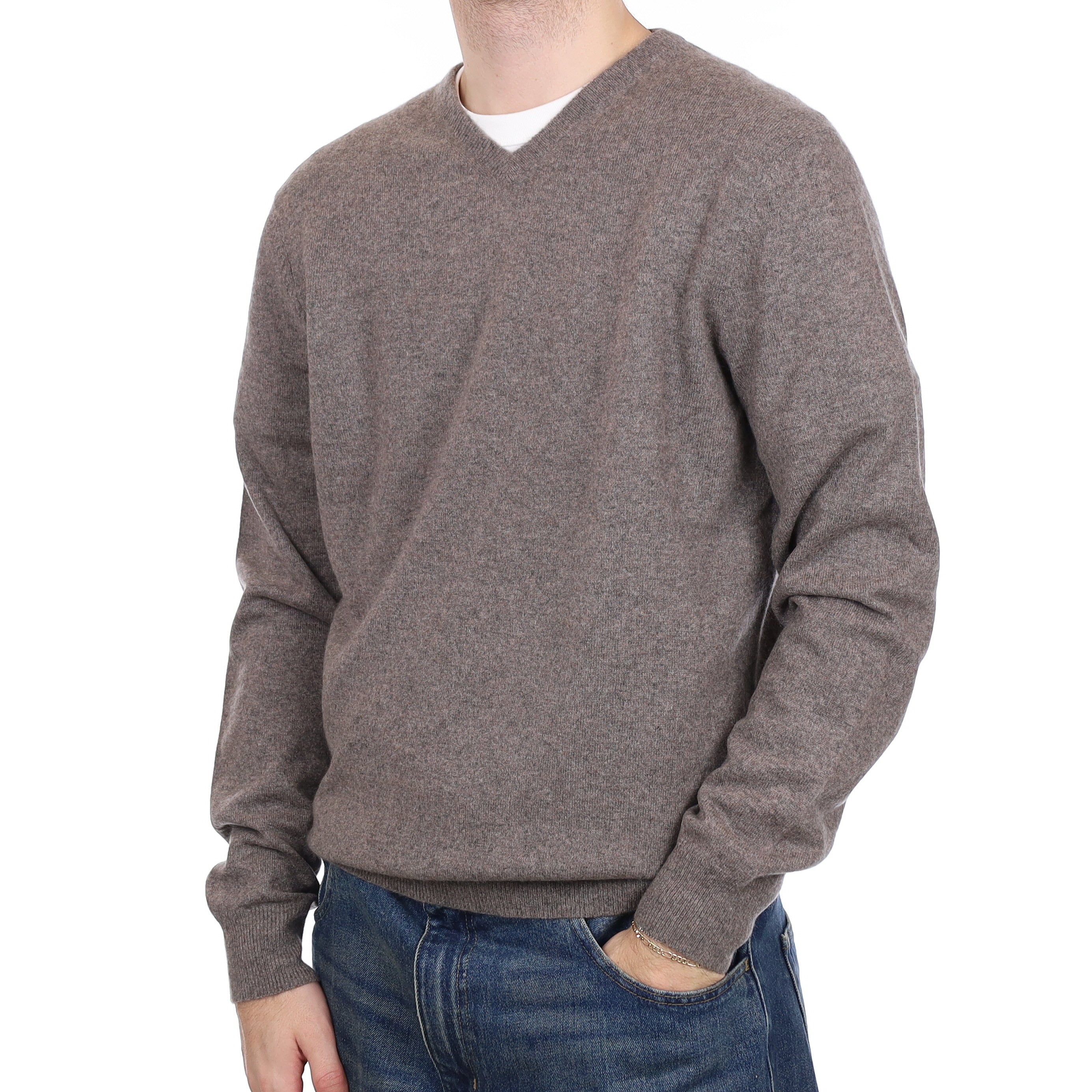 Men's Mink Brown Cashmere V Neck Jumper Large