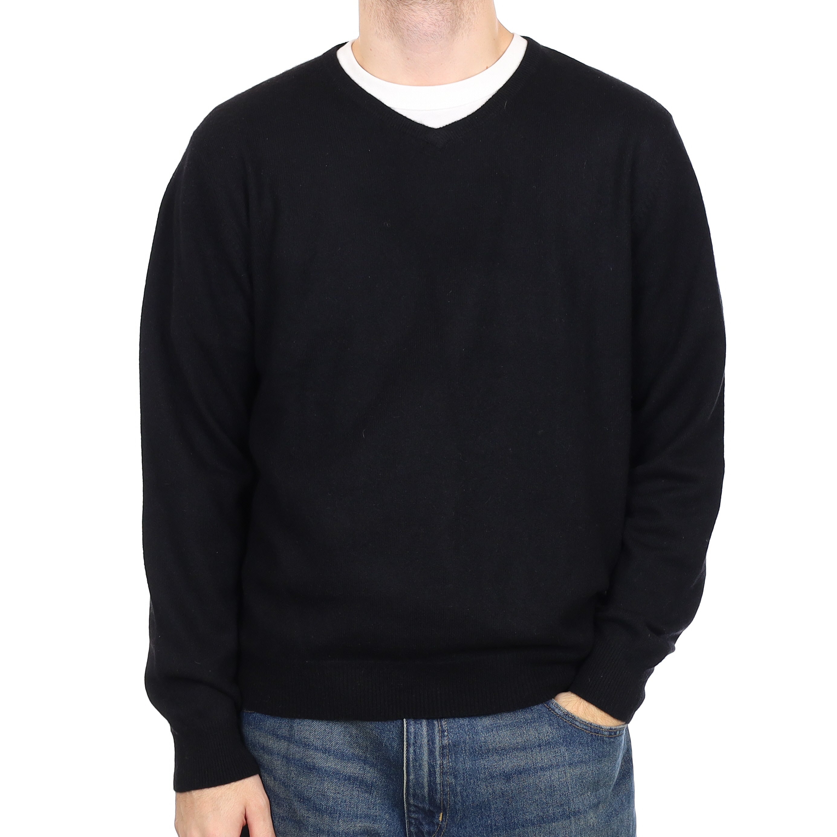 Men's Black Cashmere V Neck Jumper Large