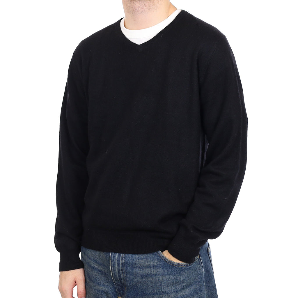 Men's Black Cashmere V Neck Jumper Large