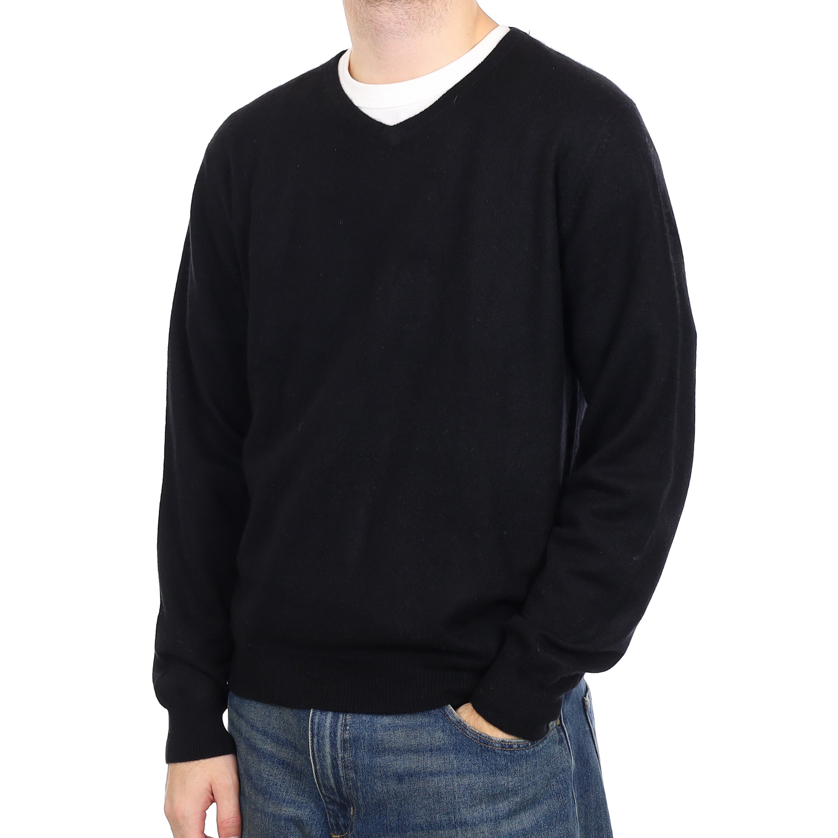 Men's Black Cashmere V Neck Jumper Large