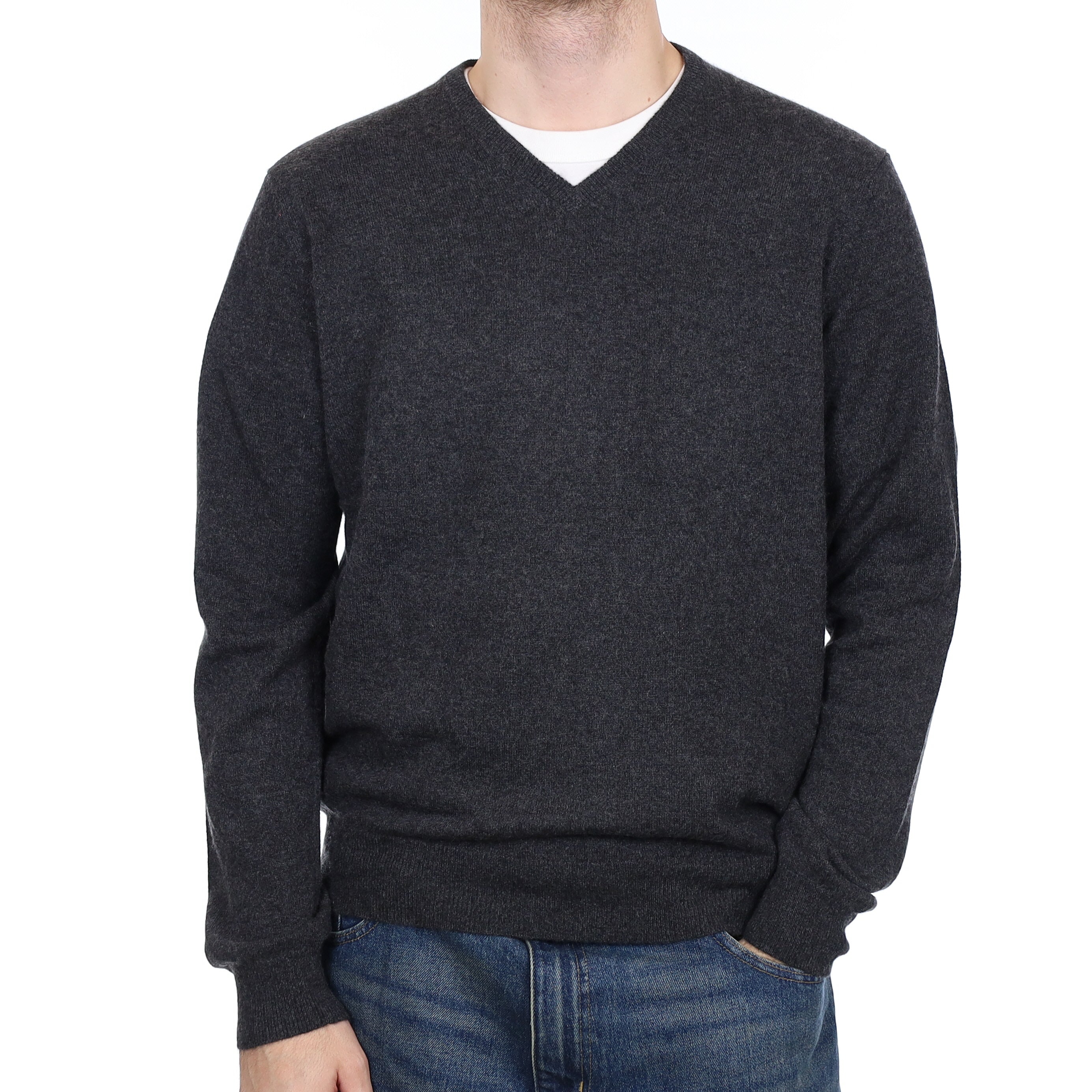 Men's Granite Grey Cashmere V Neck Jumper Large
