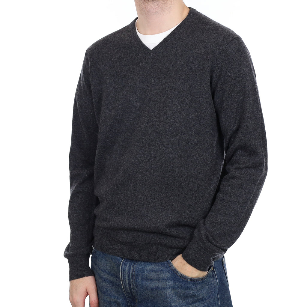 Men's Granite Grey Cashmere V Neck Jumper Large