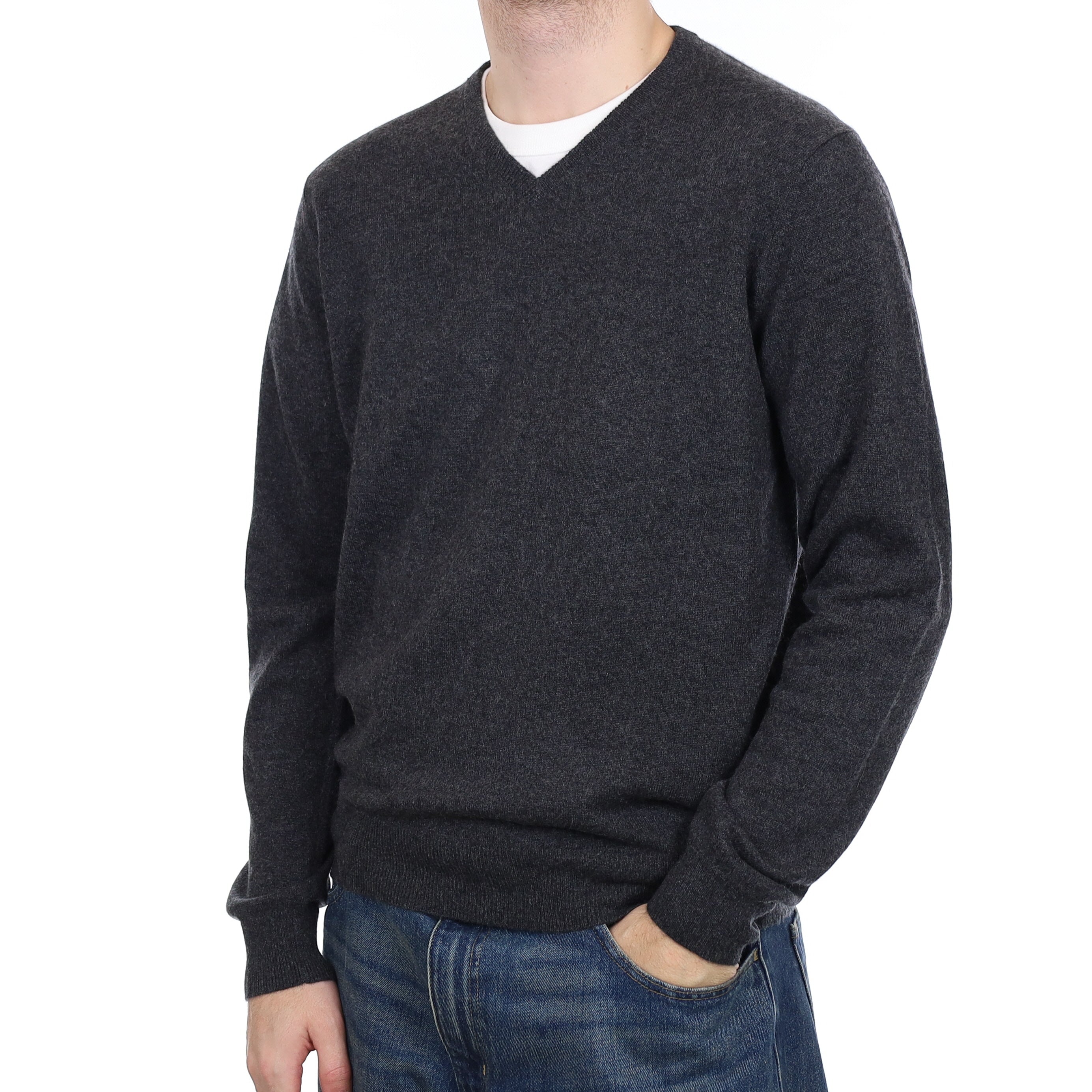 Men's Granite Grey Cashmere V Neck Jumper Large