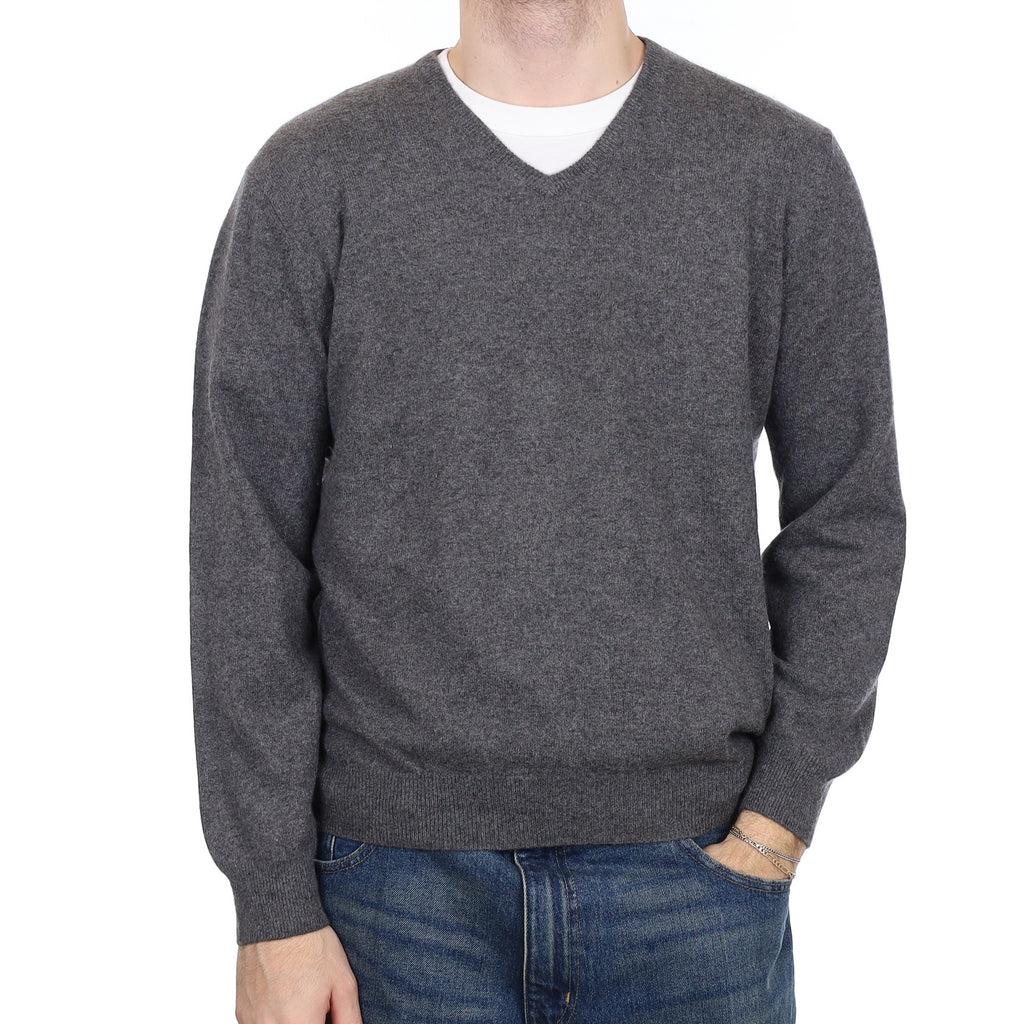 Men's Slate Grey Cashmere V Neck Jumper Large
