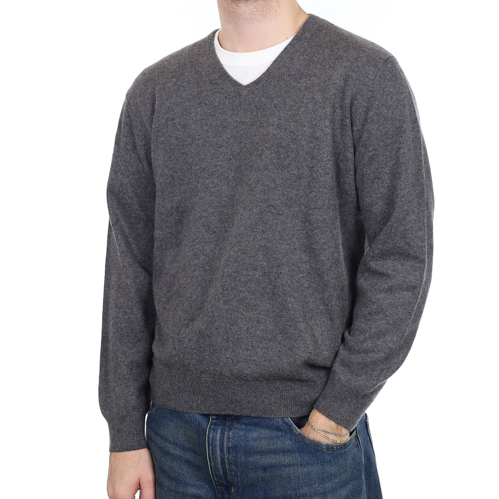 Men's Slate Grey Cashmere V Neck Jumper Large