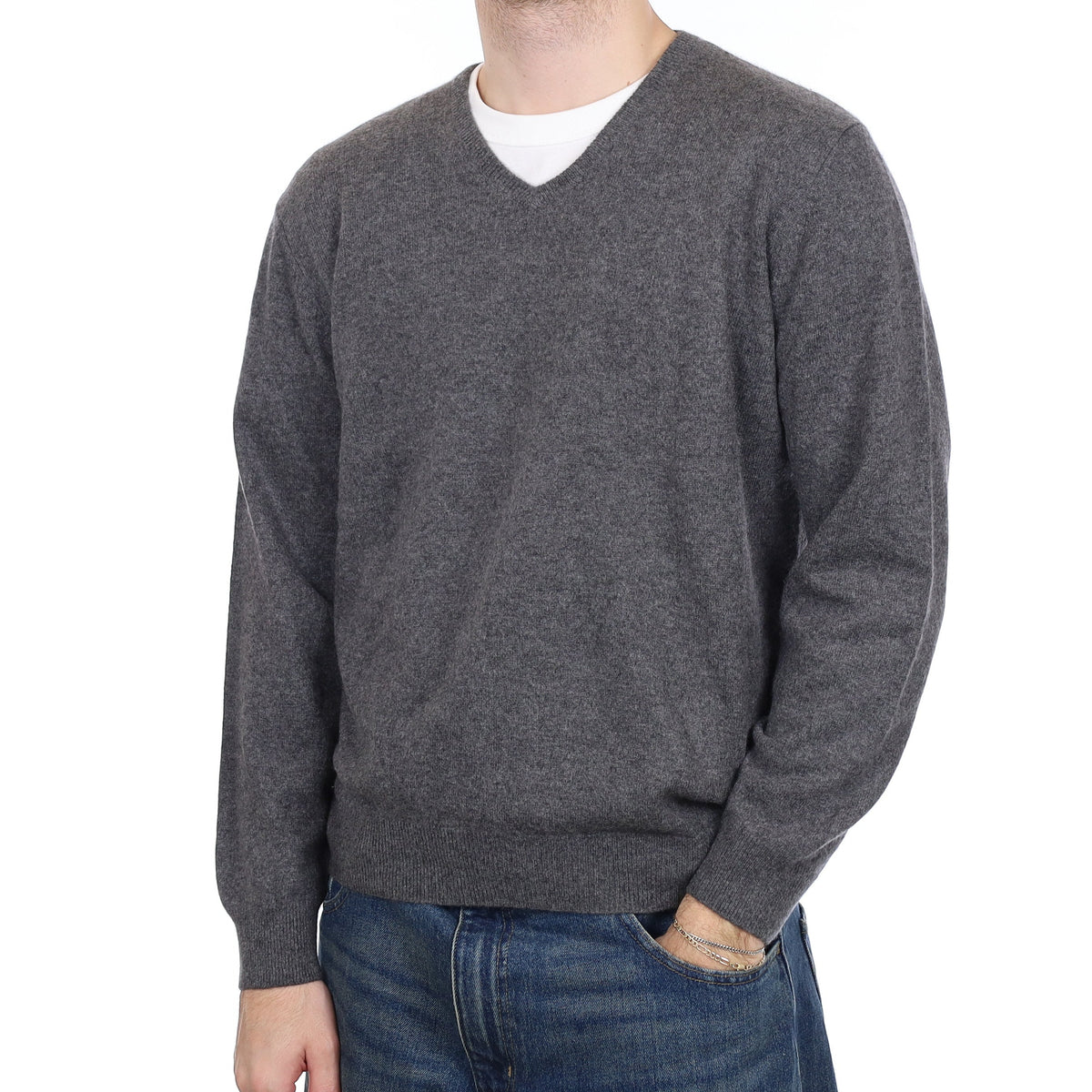 Men's Slate Grey Cashmere V Neck Jumper Large