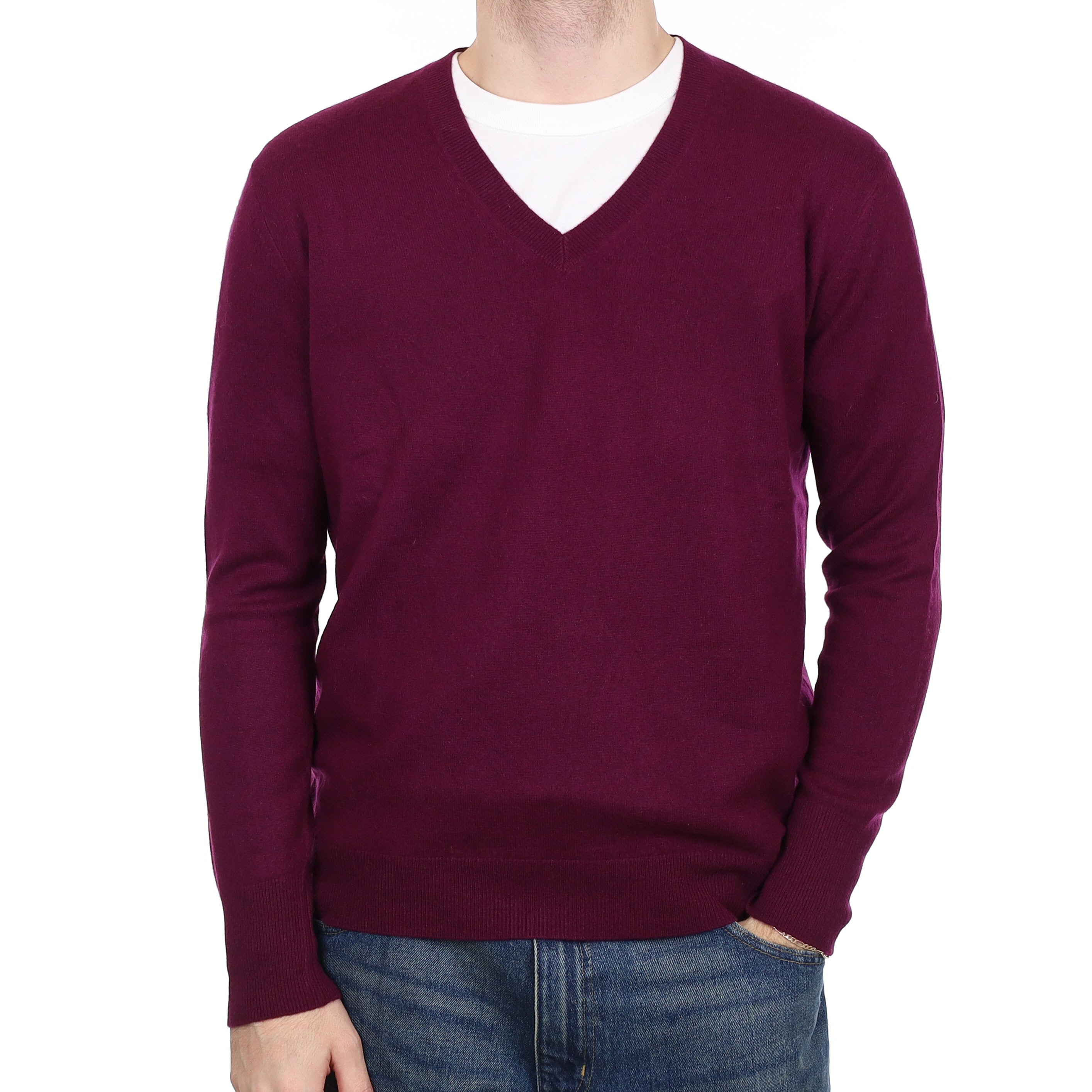 Men's Mulberry Purple Cashmere V Neck Jumper Large