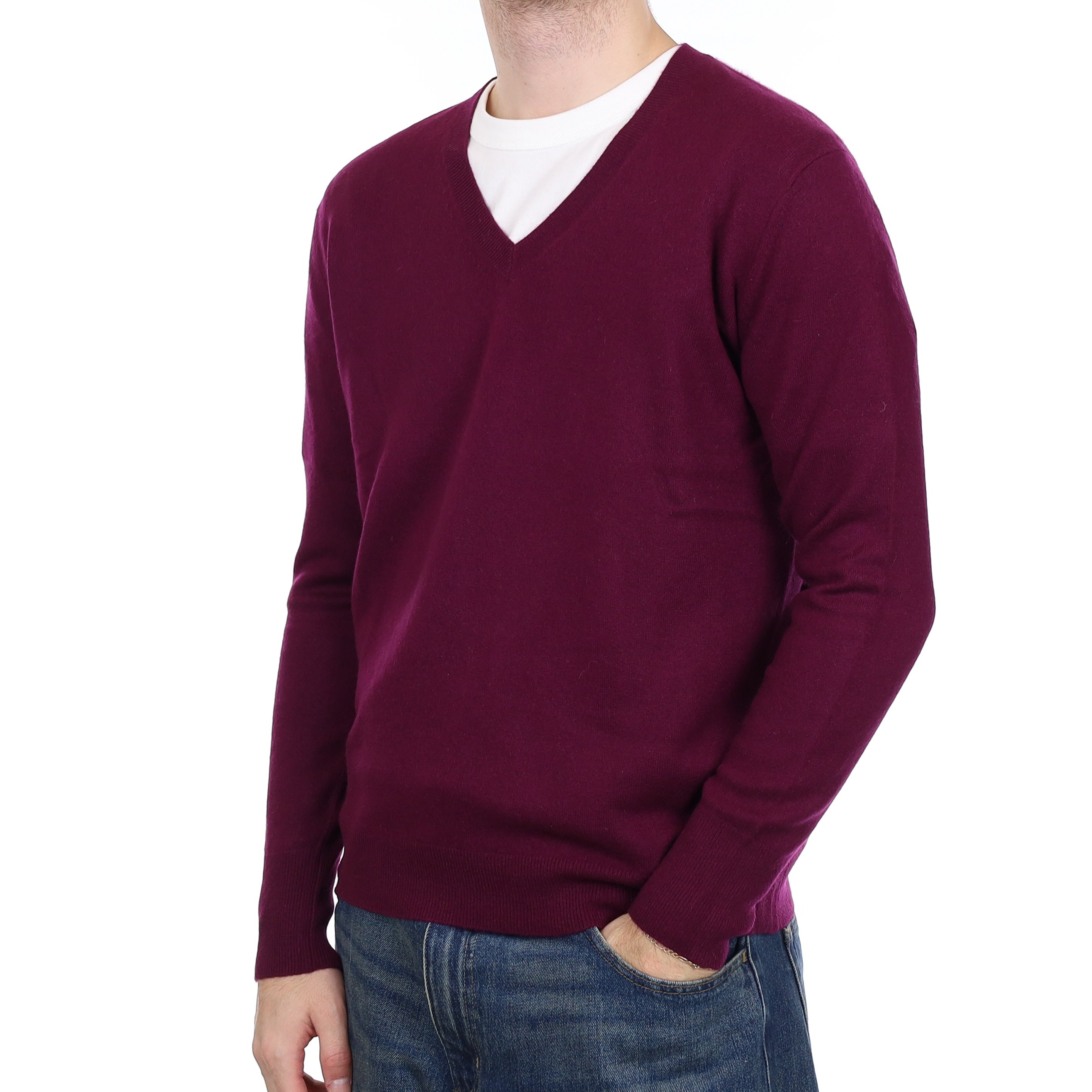 Men's Mulberry Purple Cashmere V Neck Jumper Large