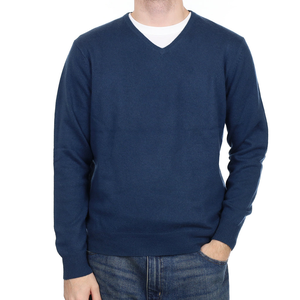 Men's Petrol Blue Cashmere V Neck Jumper Large