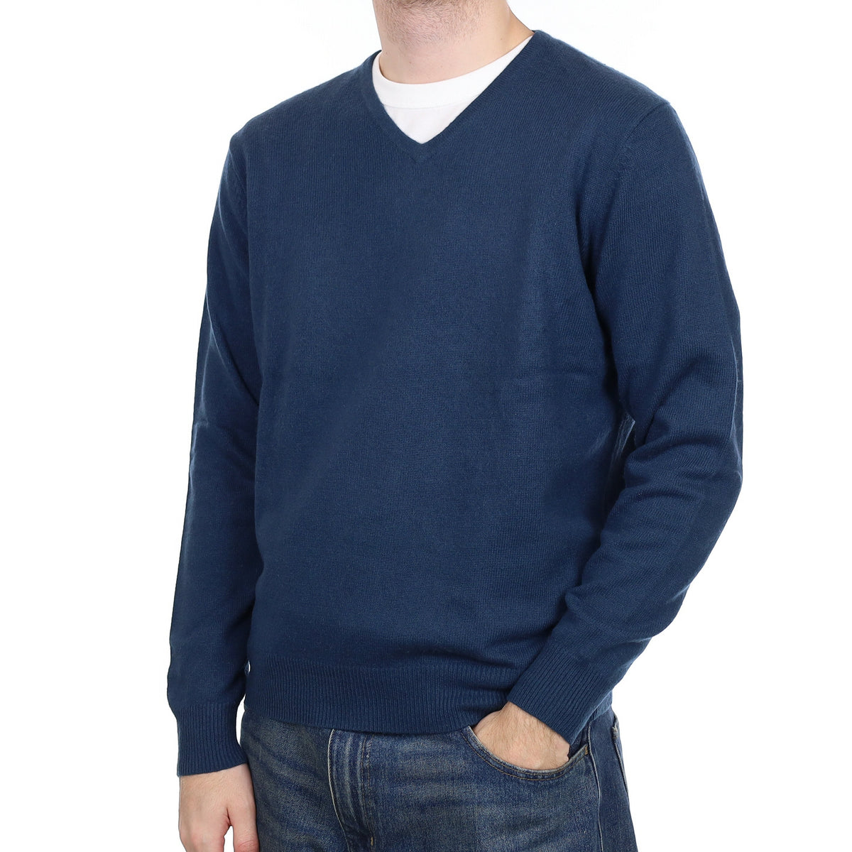Men's Petrol Blue Cashmere V Neck Jumper Large