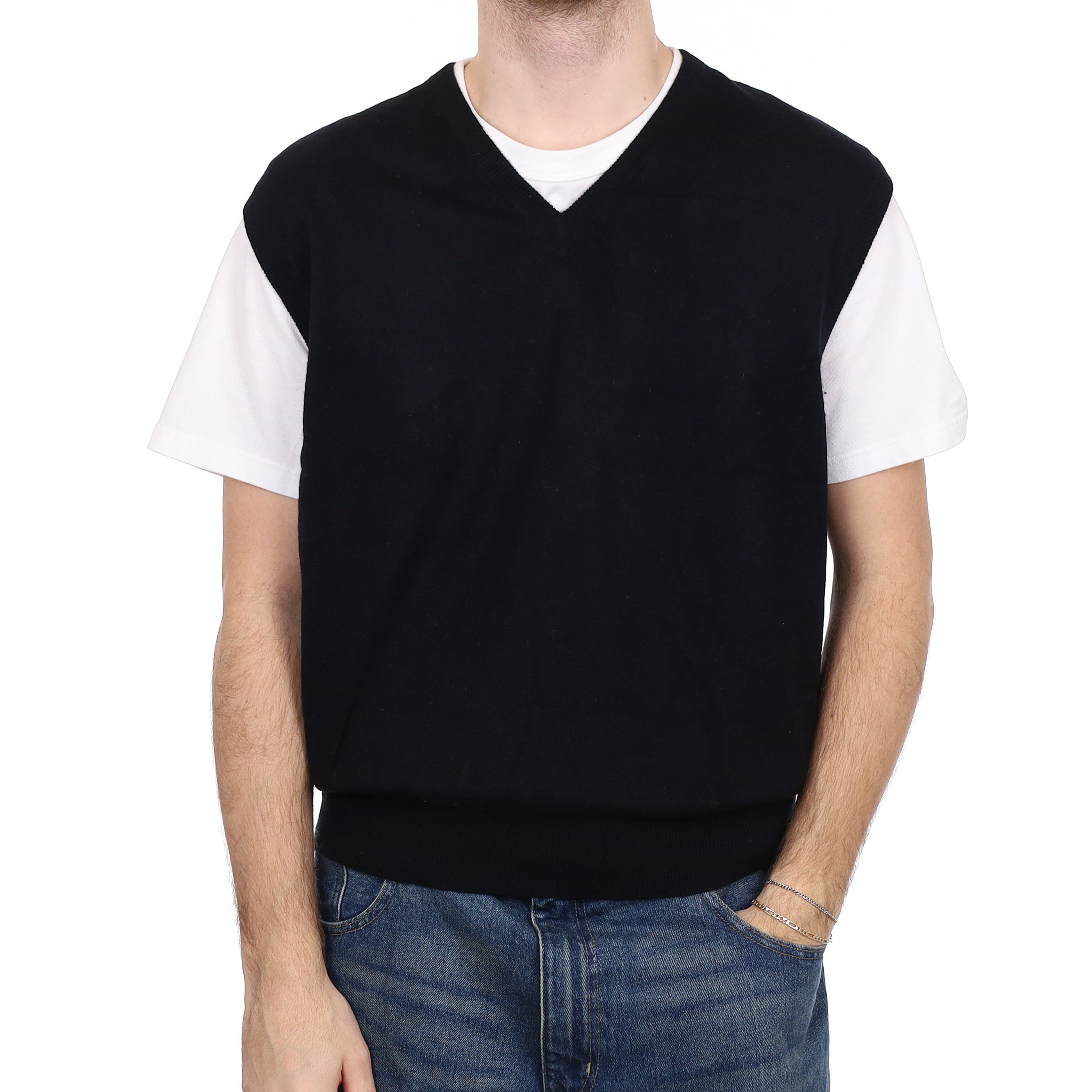 Men's Black Cashmere V Neck Tank Top Large