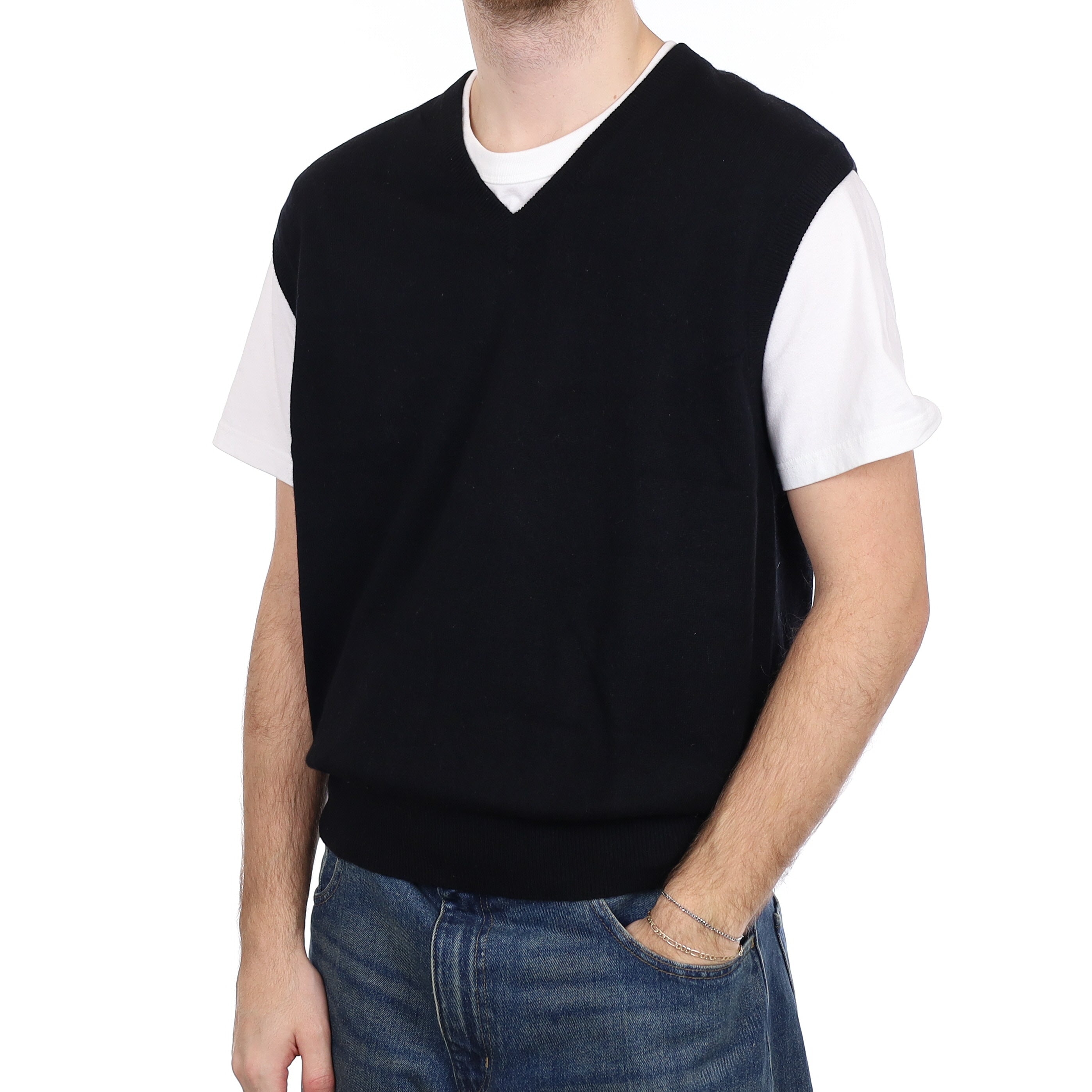 Men's Black Cashmere V Neck Tank Top Large