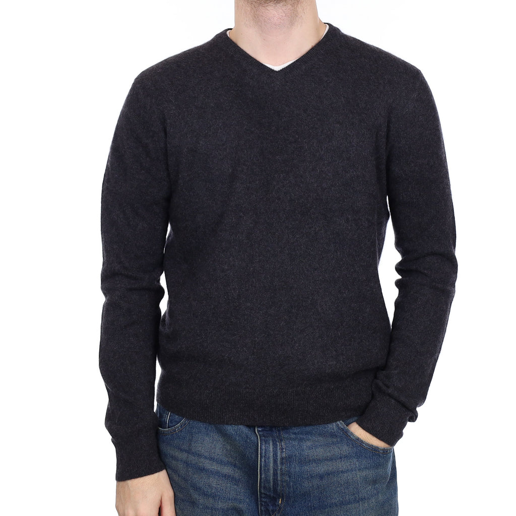 Men's Charcoal Grey Cashmere V Neck Jumper Large