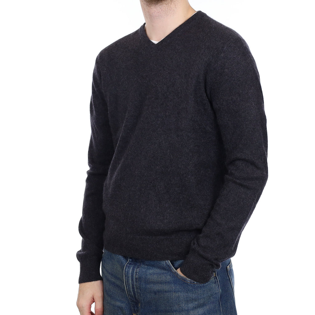 Men's Charcoal Grey Cashmere V Neck Jumper Large