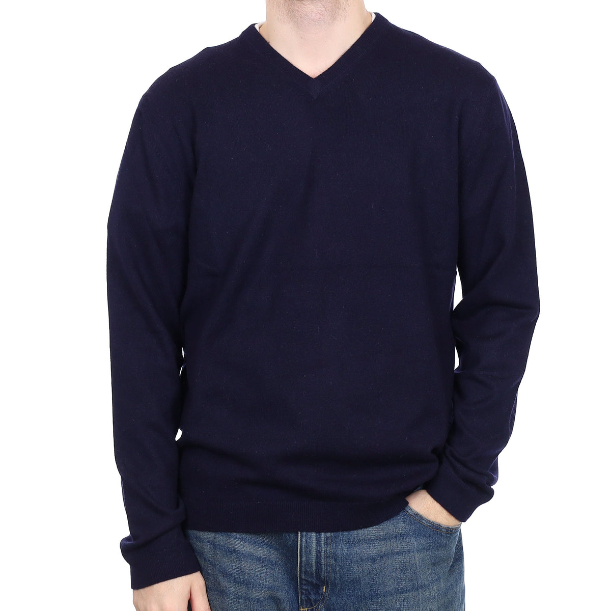 Men's Navy Cashmere V Neck Jumper Large