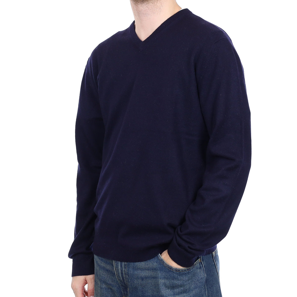 Men's Navy Cashmere V Neck Jumper Large