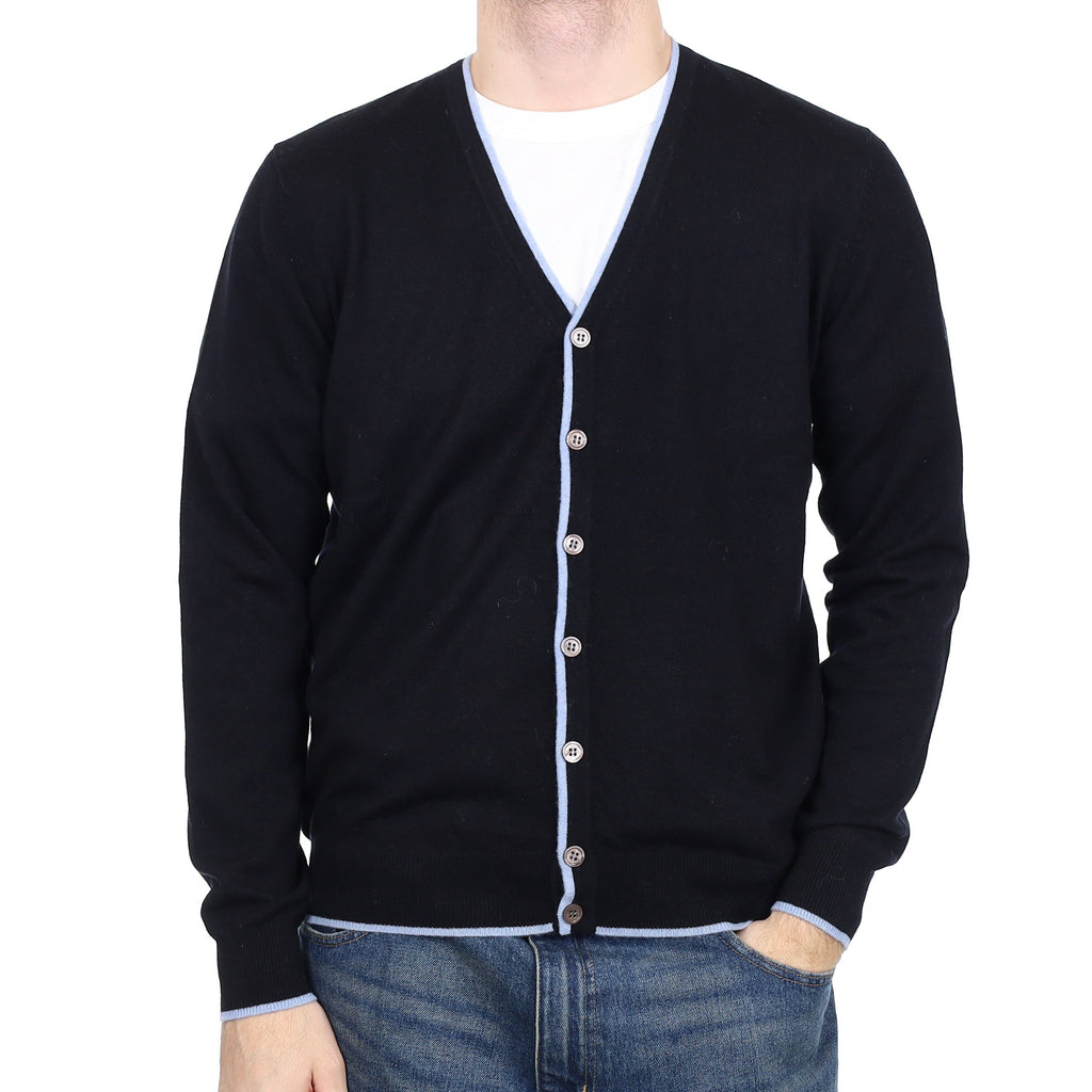 Men's Black with Blue Trim Cashmere V Neck Cardigan Large