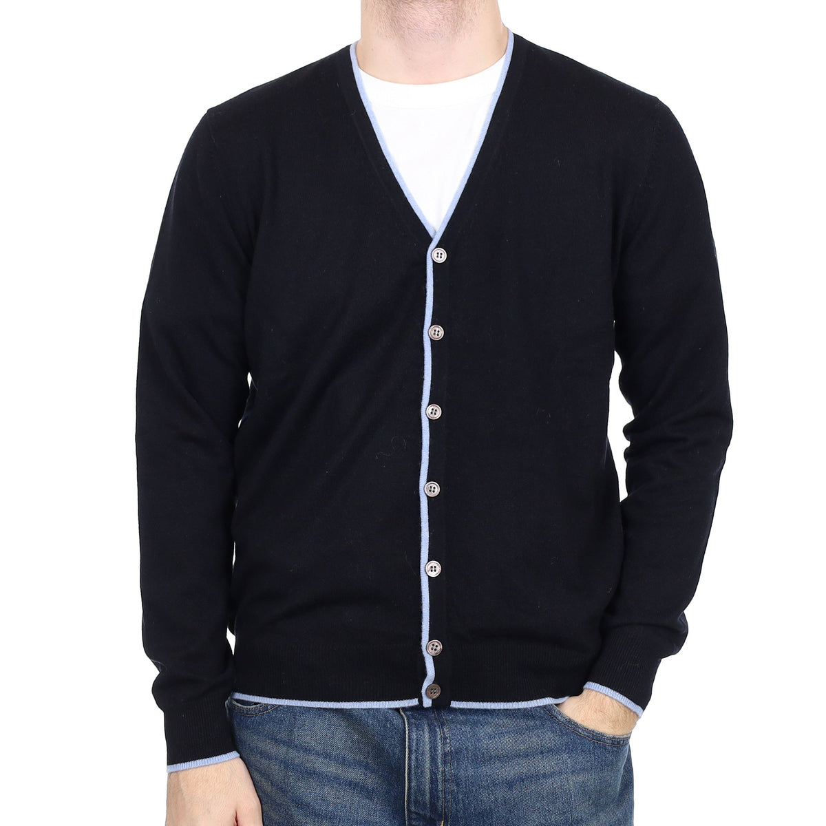 Men's Black with Blue Trim Cashmere V Neck Cardigan Large
