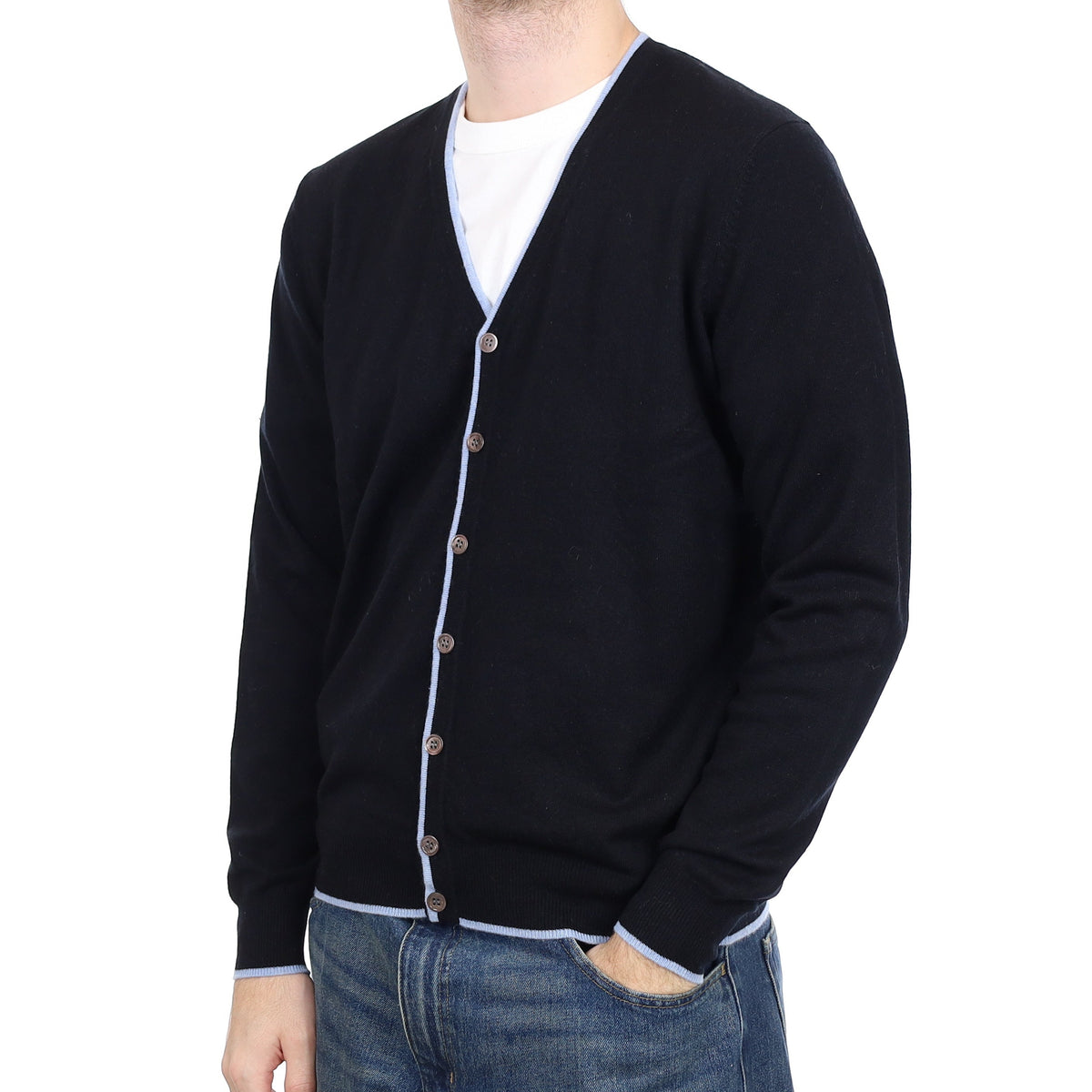 Men's Black with Blue Trim Cashmere V Neck Cardigan Large