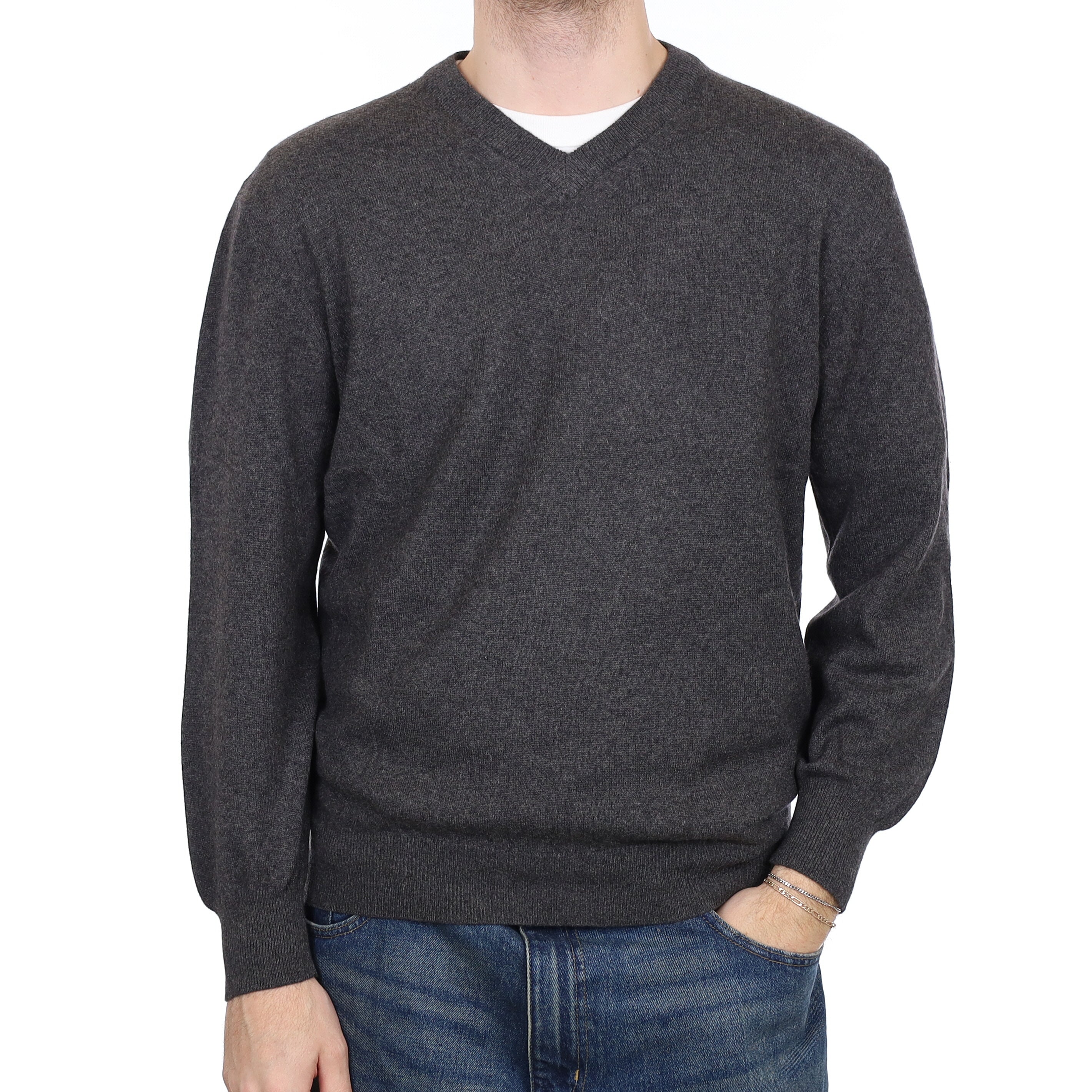 Men's Slate Grey Cashmere V Neck Jumper Large