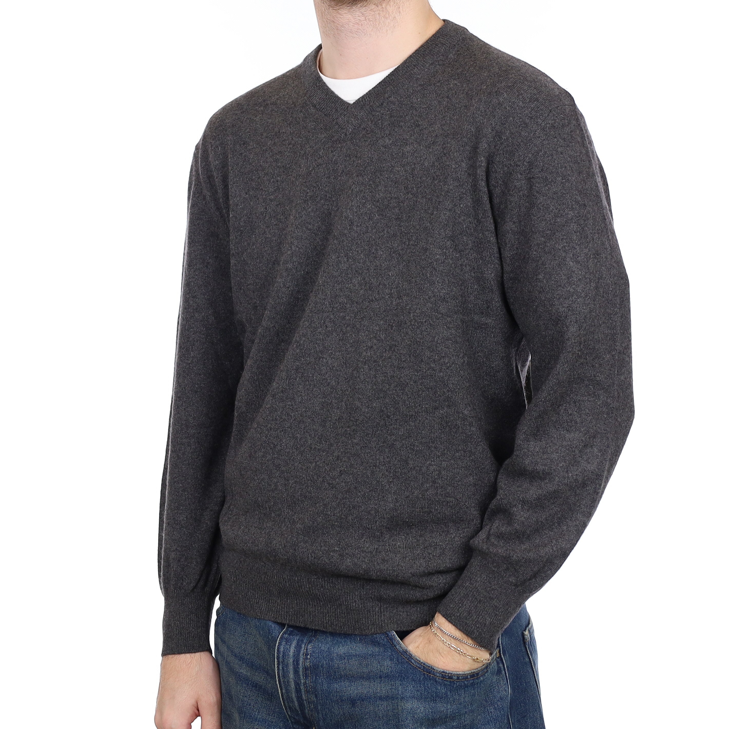 Men's Slate Grey Cashmere V Neck Jumper Large