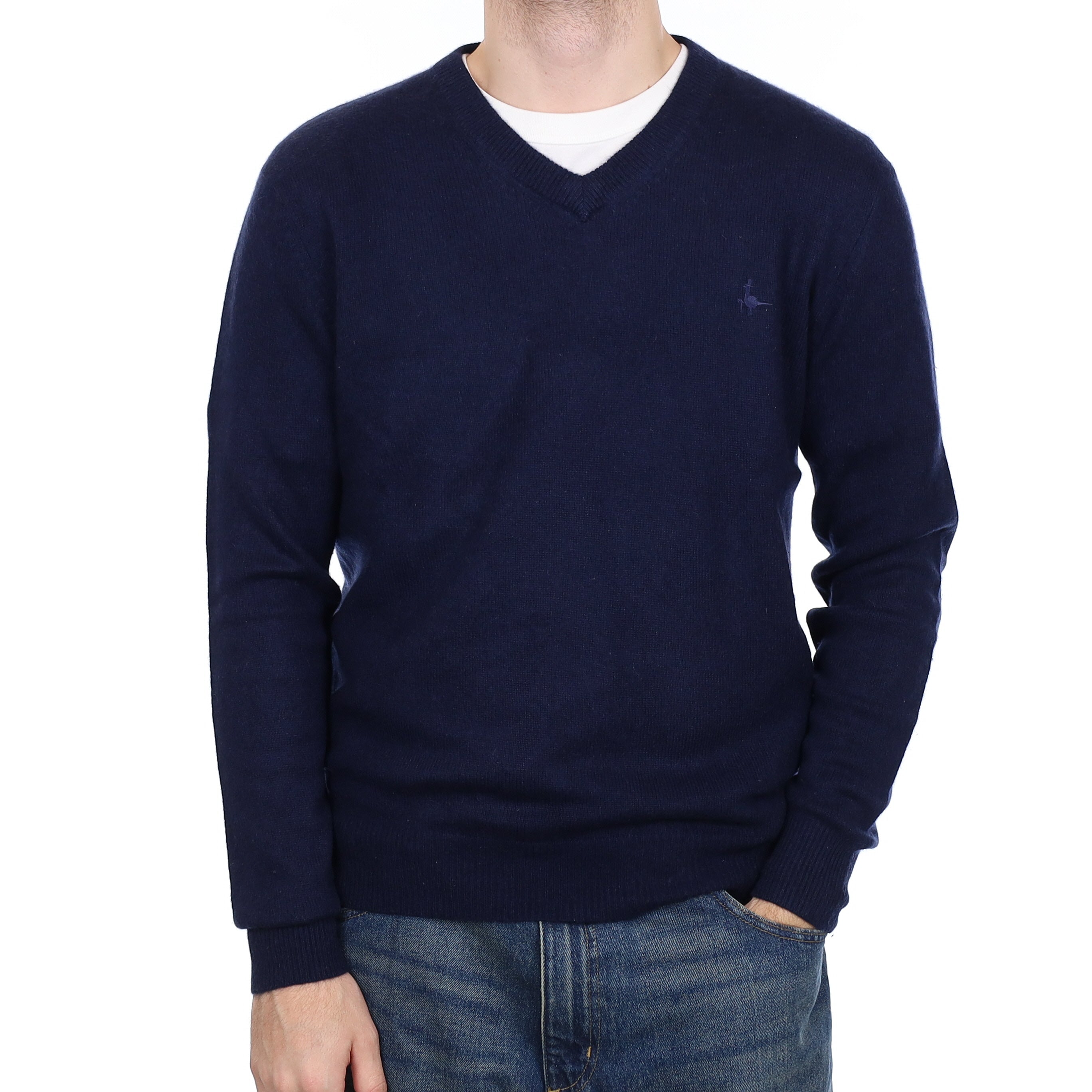 Men's Navy Blue Cashmere V Neck Jumper Large