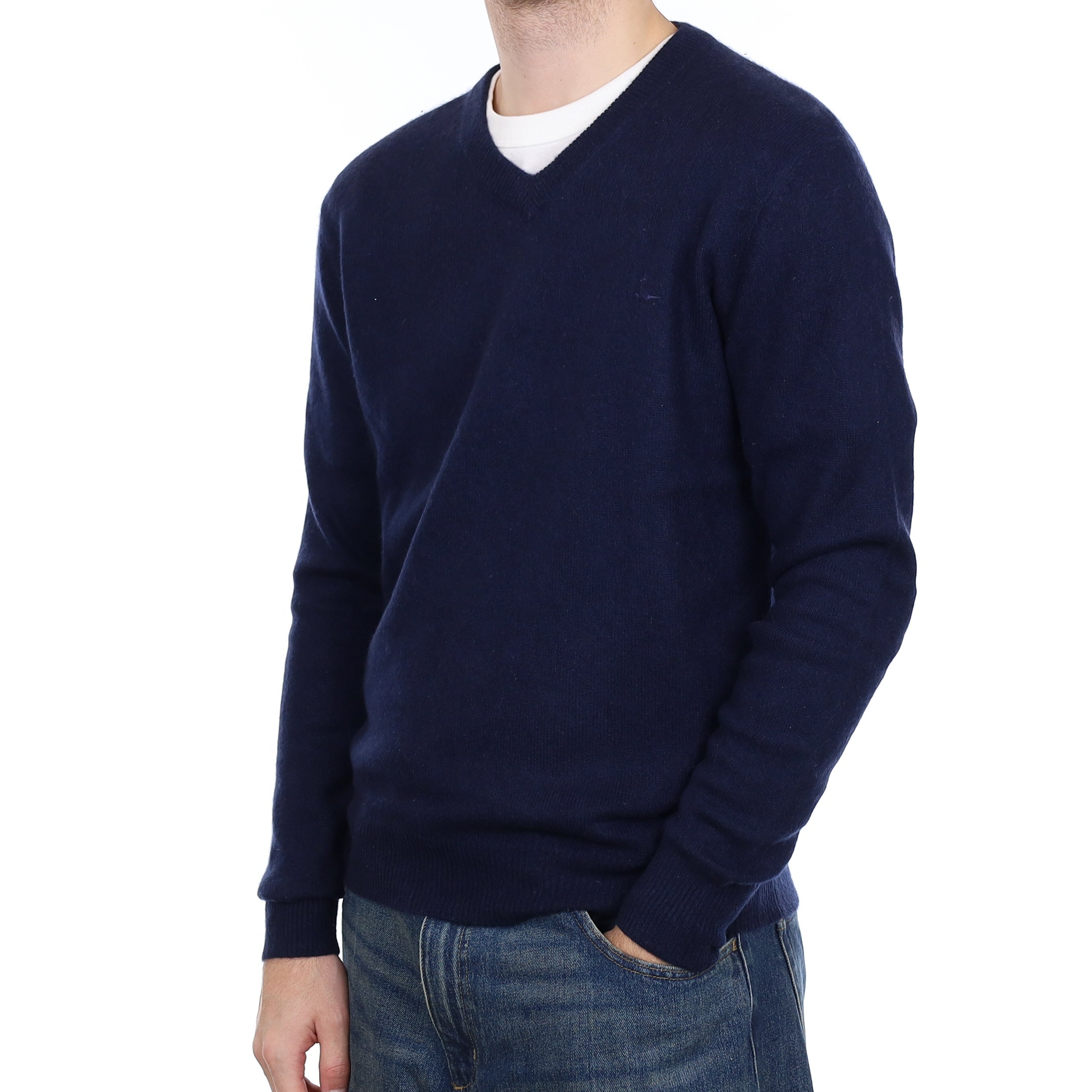 Men's Navy Blue Cashmere V Neck Jumper Large
