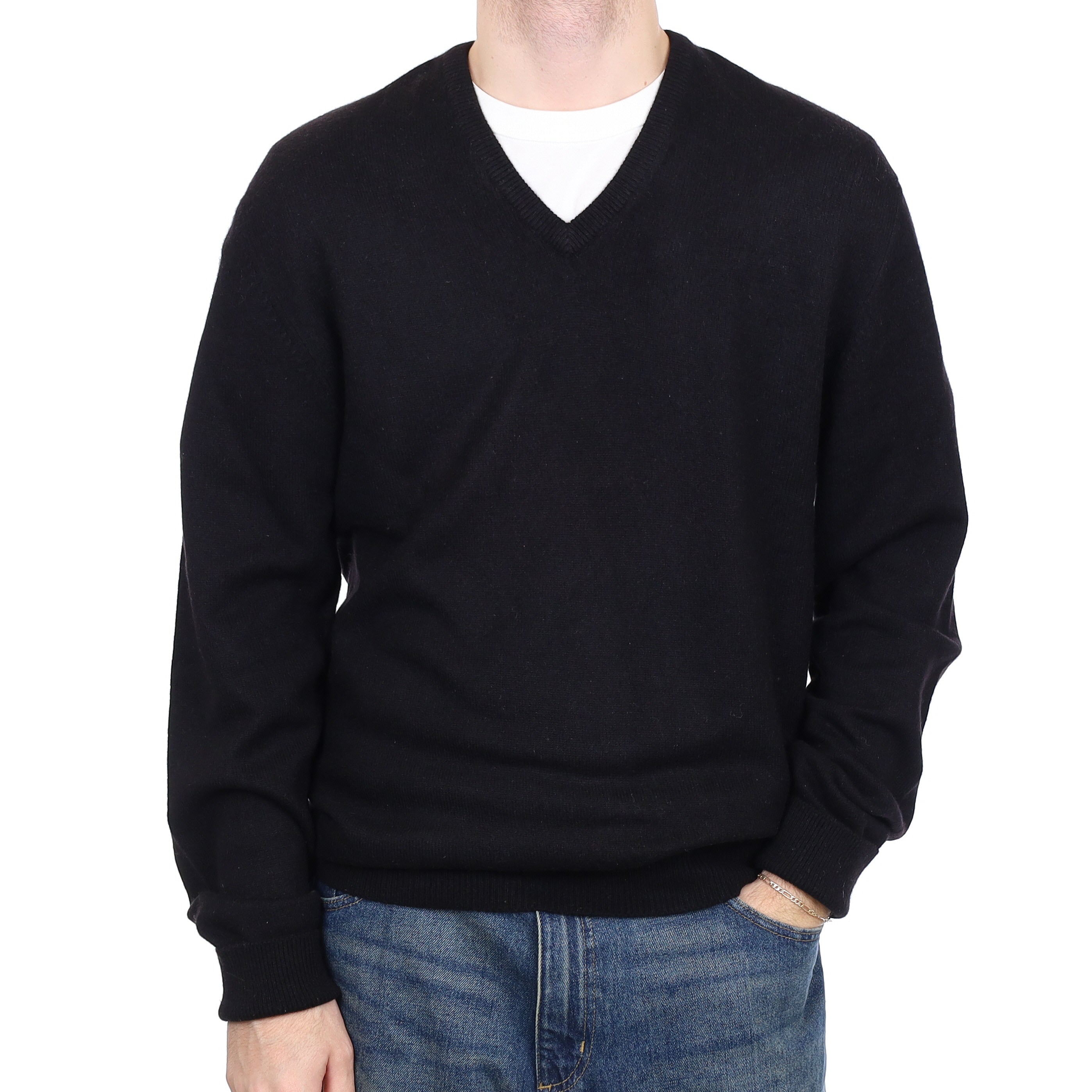 Men's Scottish Black Heavy Knit Cashmere V Neck Jumper Large Tall