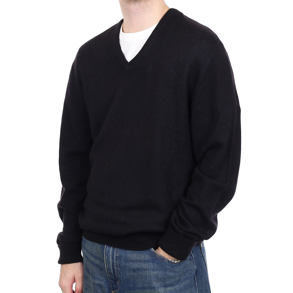 Men's Scottish Black Heavy Knit Cashmere V Neck Jumper Large Tall