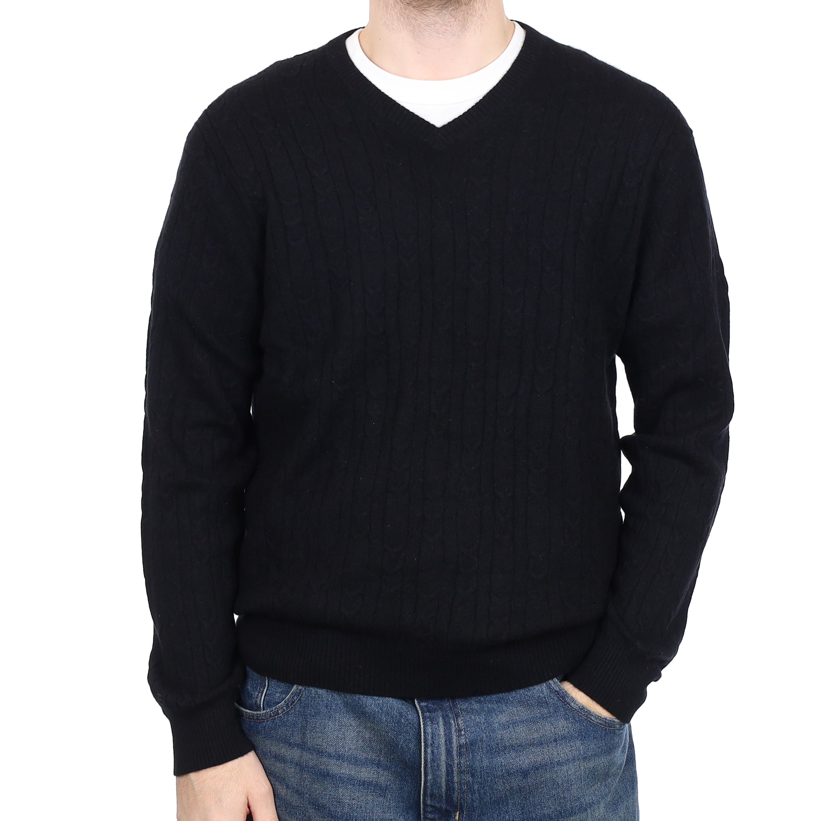 Men's Black Cable Cashmere V Neck Jumper Large