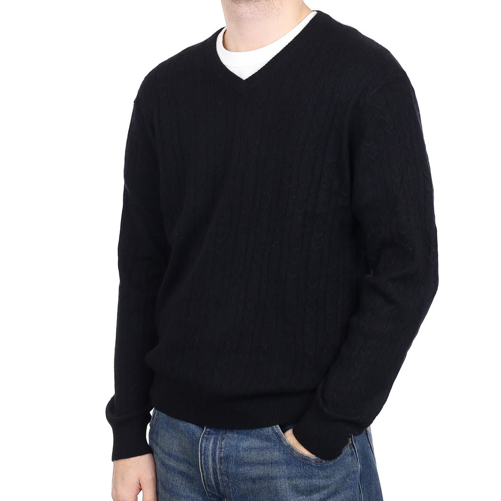 Men's Black Cable Cashmere V Neck Jumper Large