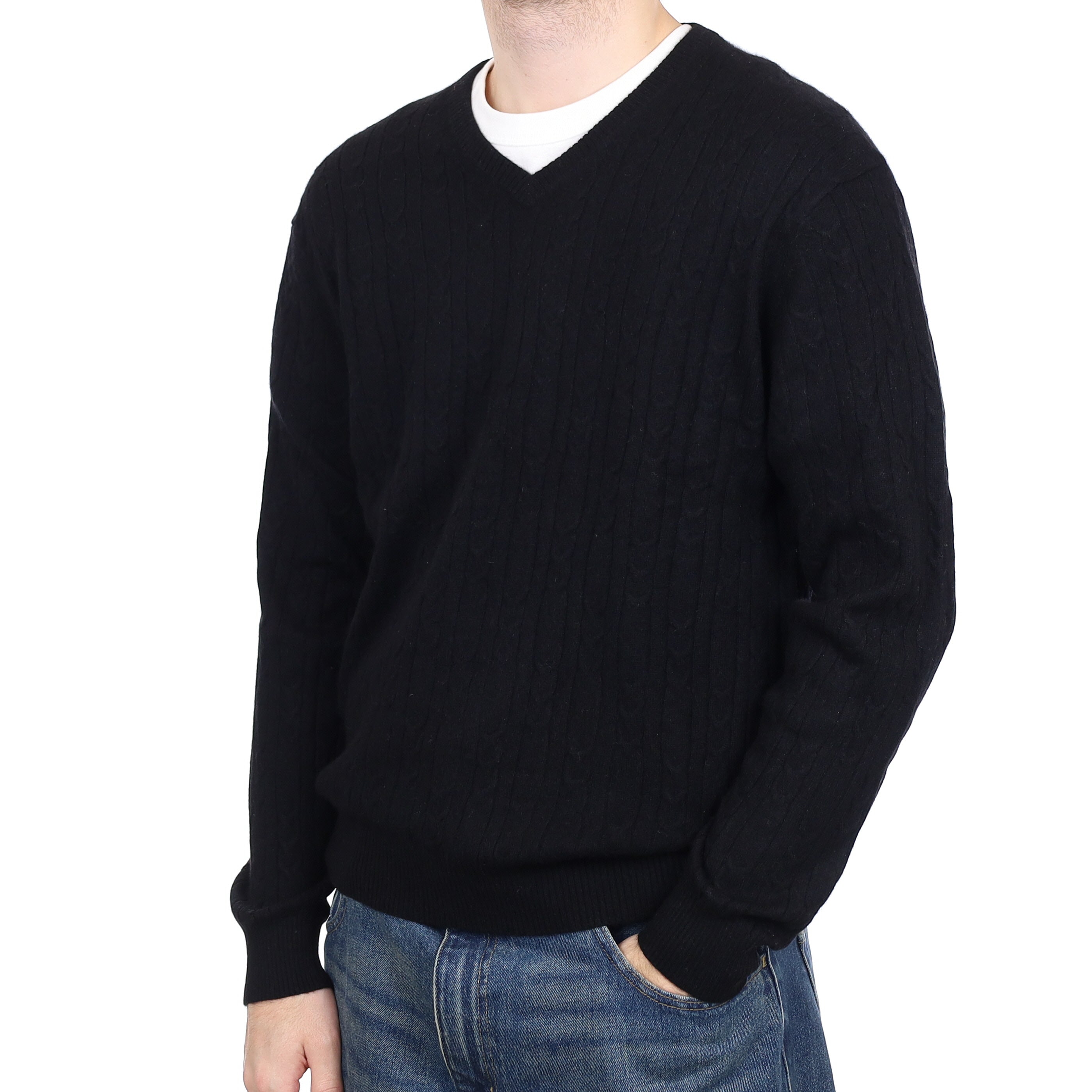 Men's Black Cable Cashmere V Neck Jumper Large