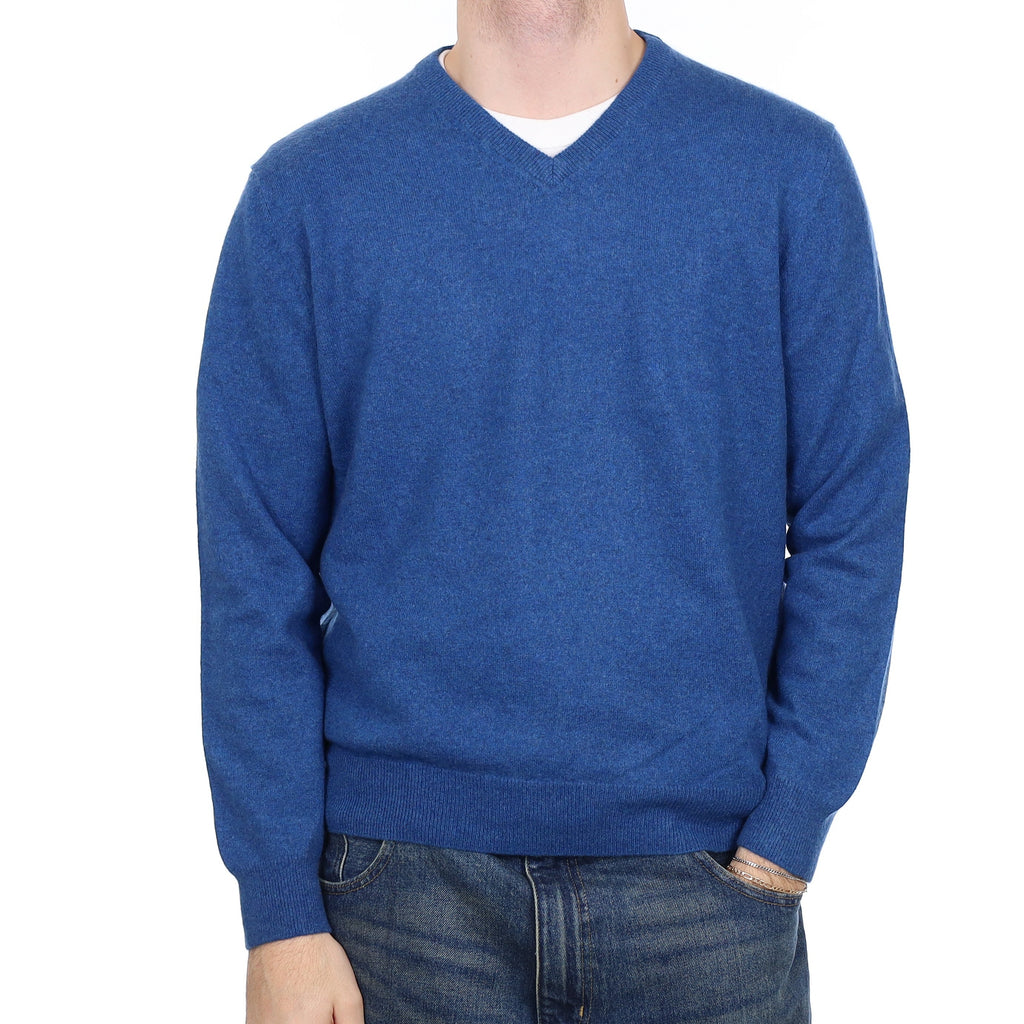 Men's Ocean Blue Cashmere V Neck Jumper Large